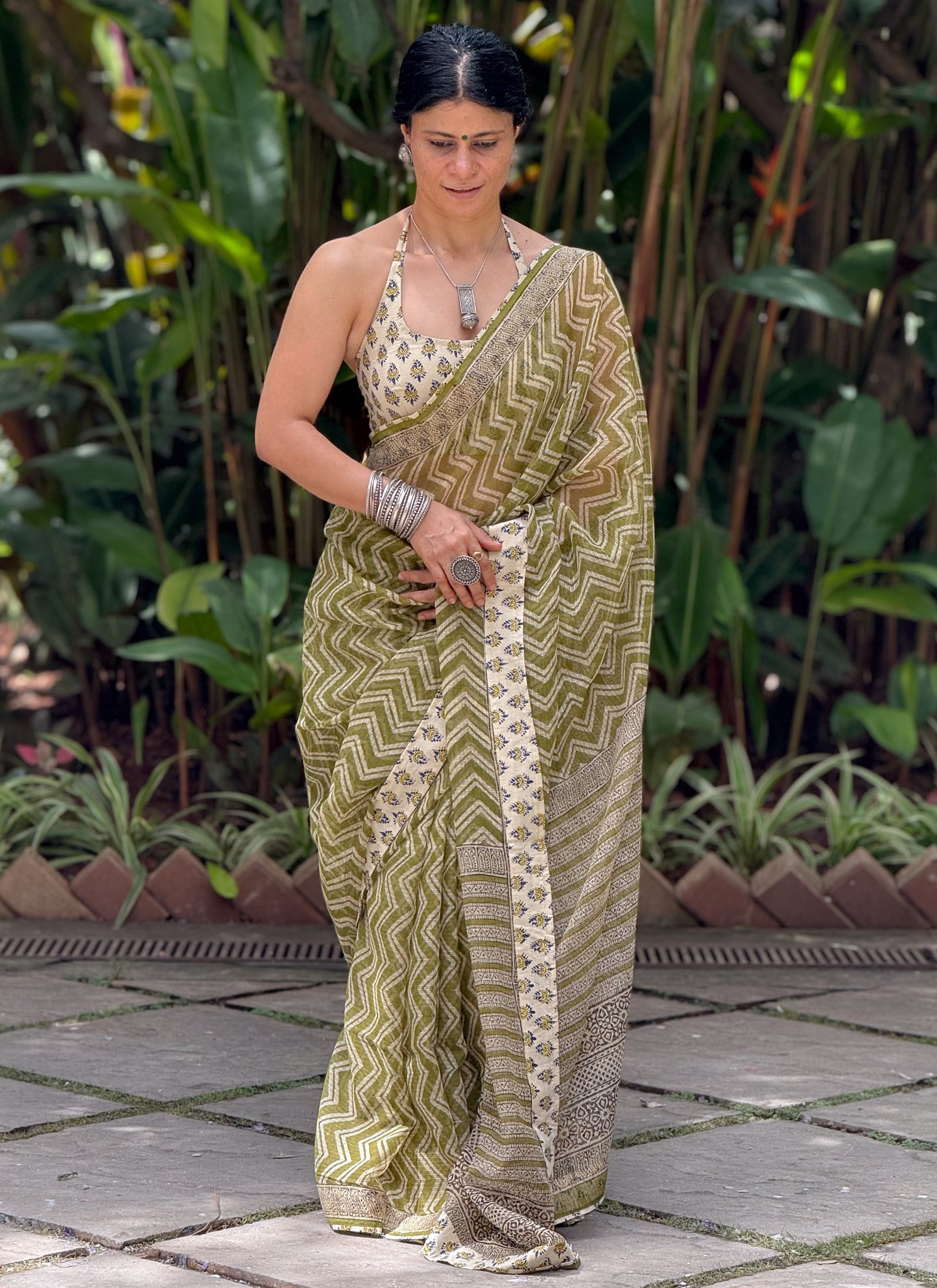 Handmade Natural Dyed Handblock Bagru / Dabu Printed Kota Doria Saree With Dabu Patch Border.