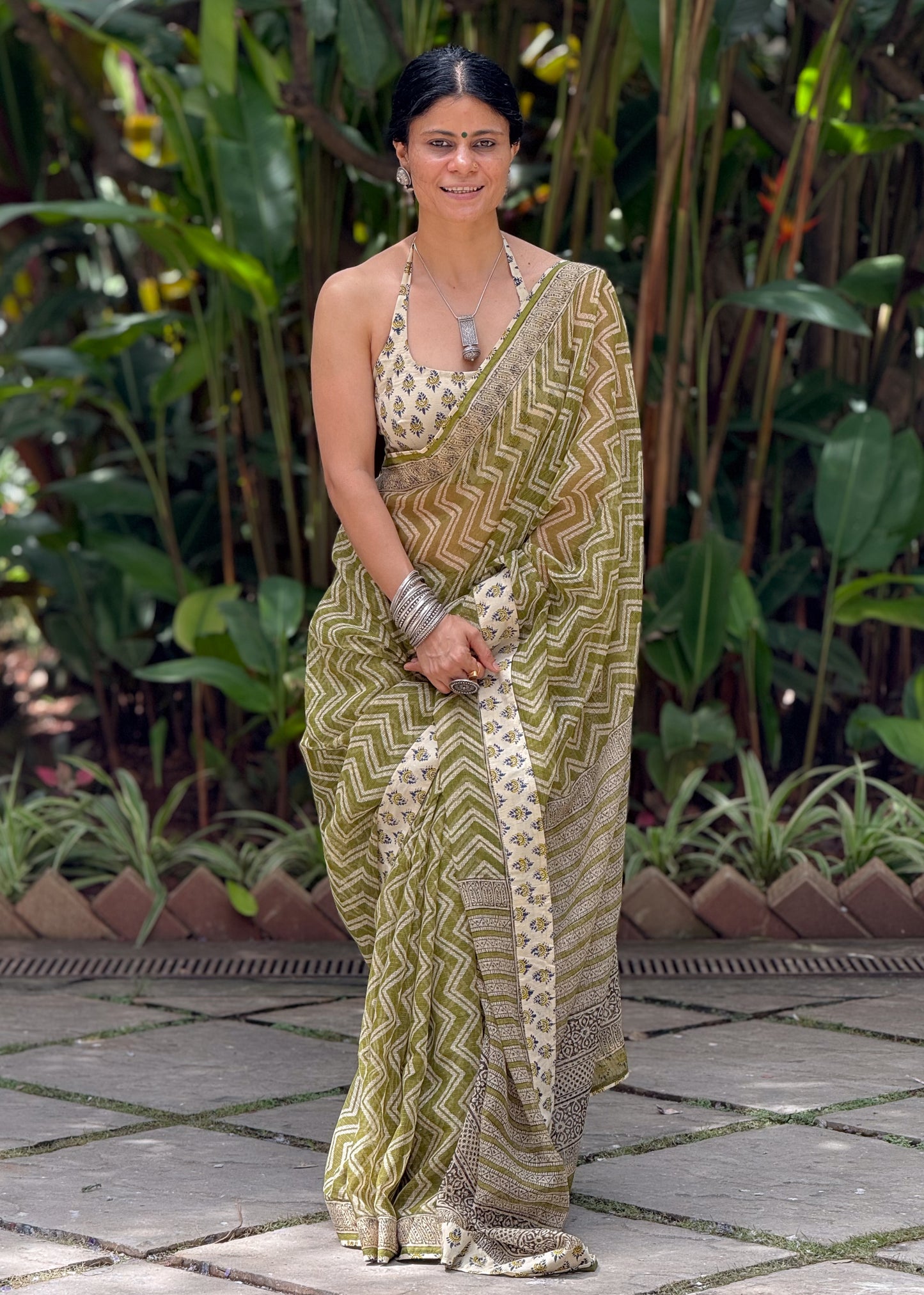 Handmade Natural Dyed Handblock Bagru / Dabu Printed Kota Doria Saree With Dabu Patch Border.