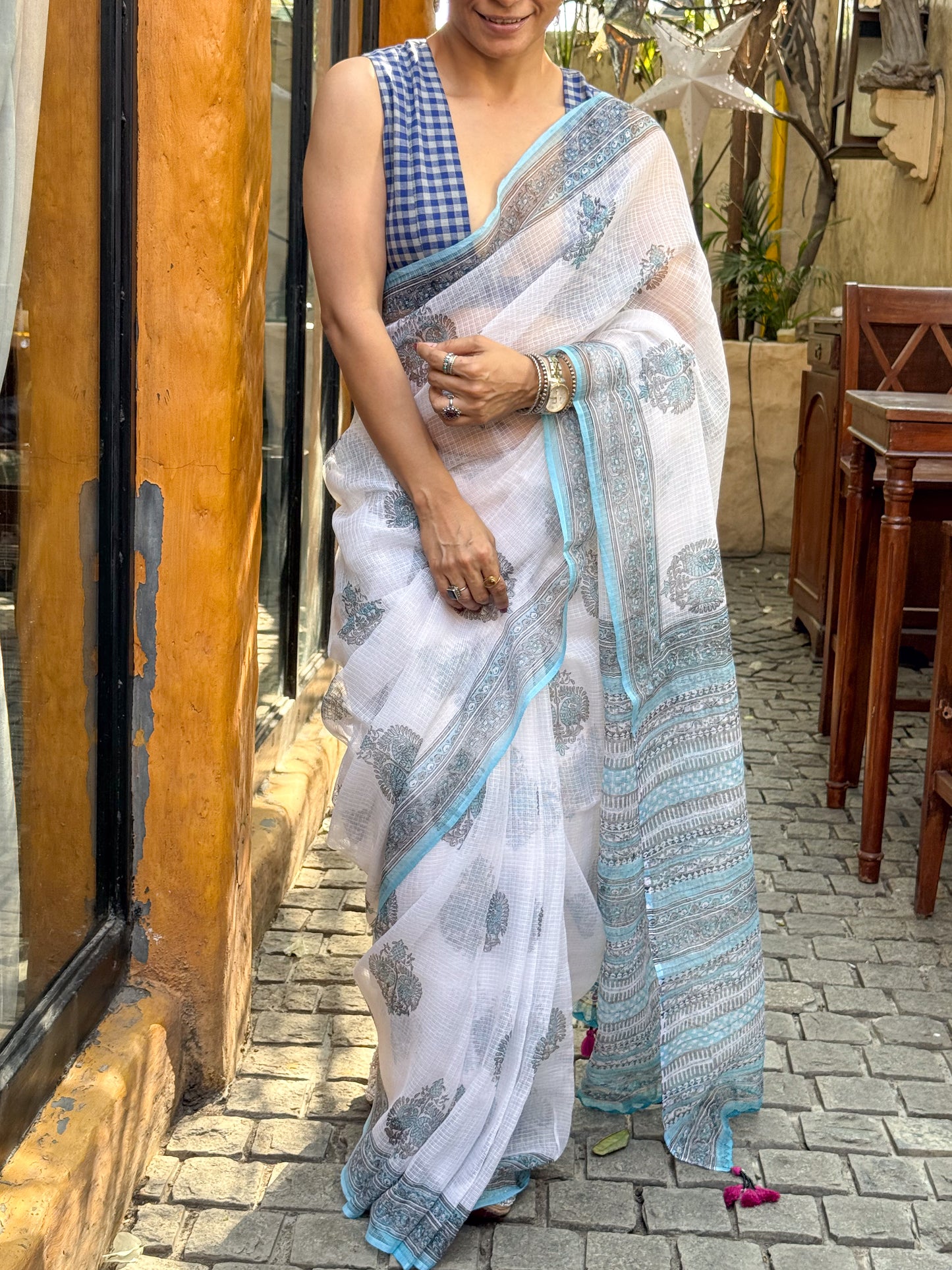 Handblock Printed Kota Dorai Saree With Hand Embroidered Running Stitch.
