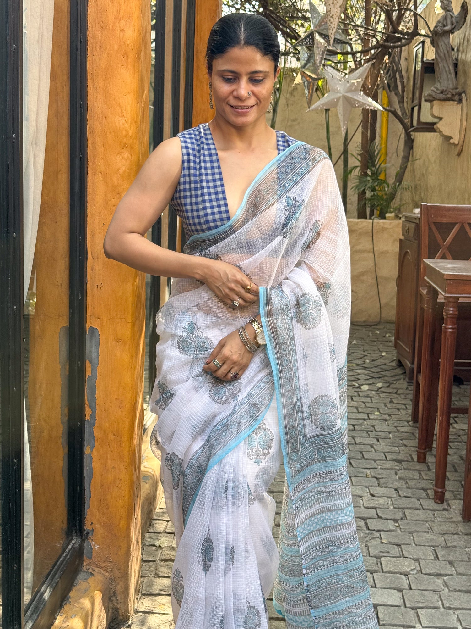 Handblock Printed Kota Dorai Saree With Hand Embroidered Running Stitch.