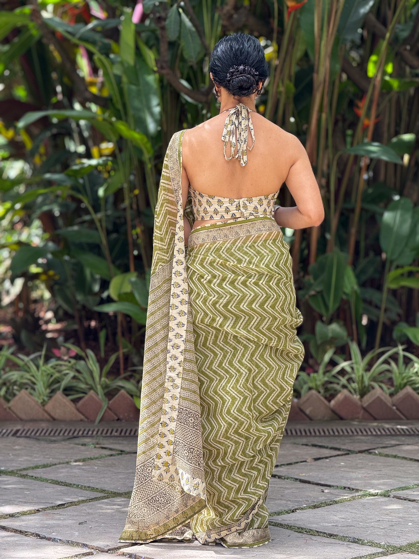 Handmade Natural Dyed Handblock Bagru / Dabu Printed Kota Doria Saree With Dabu Patch Border.
