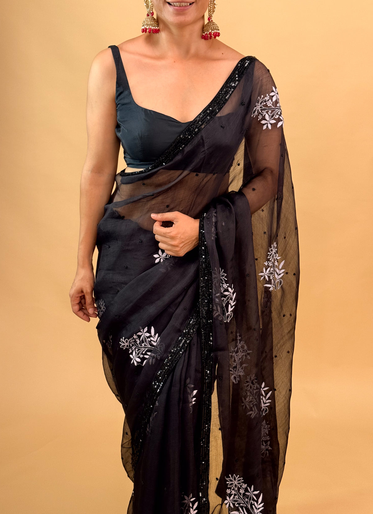 Handloom Organza Silk Saree with Hand-Embroidered Chikankari Finished With Beads Border.