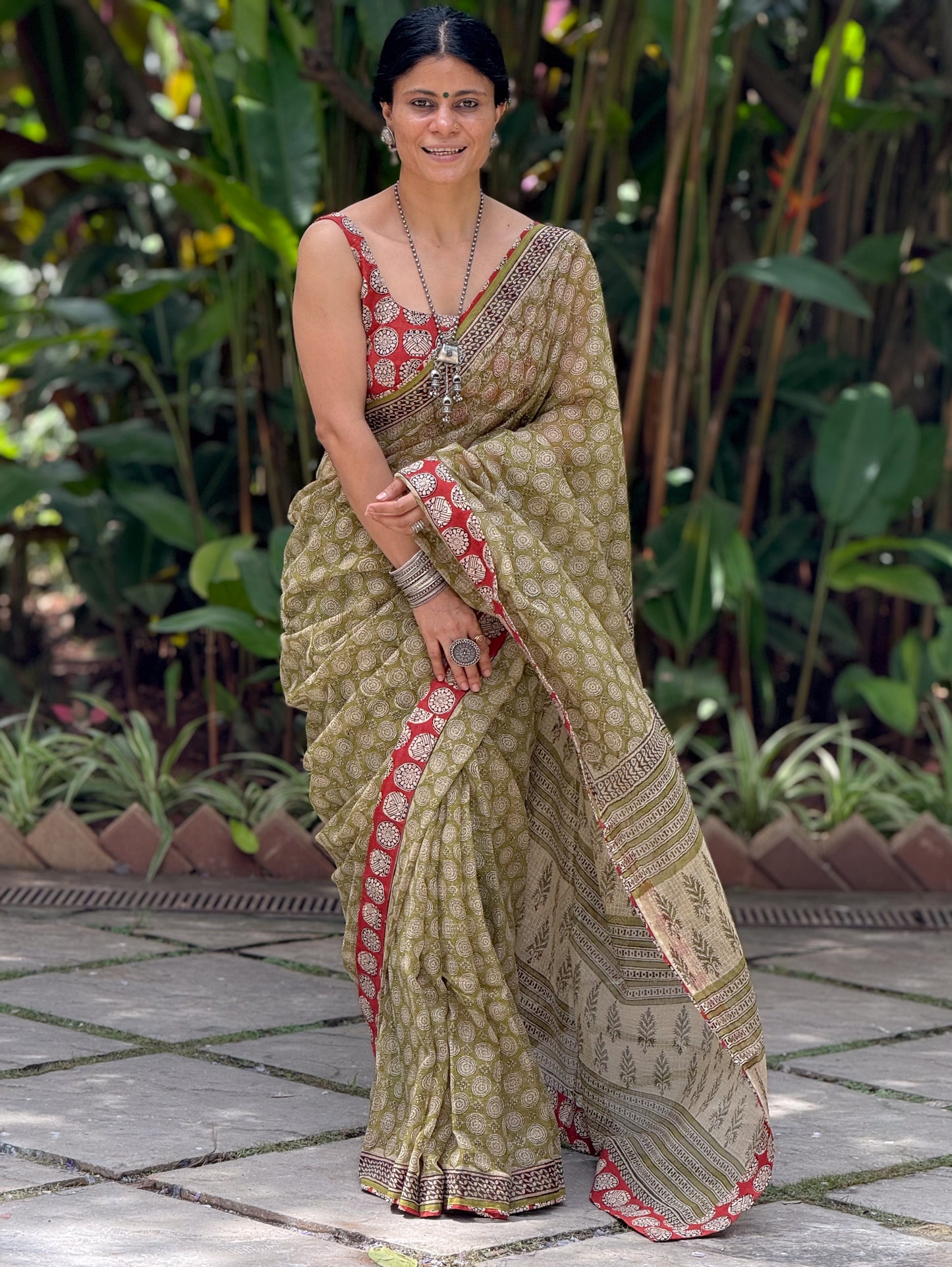 Handmade Natural Dyed Handblock Bagru / Dabu Printed Kota Doria Saree With Dabu Patch Border.