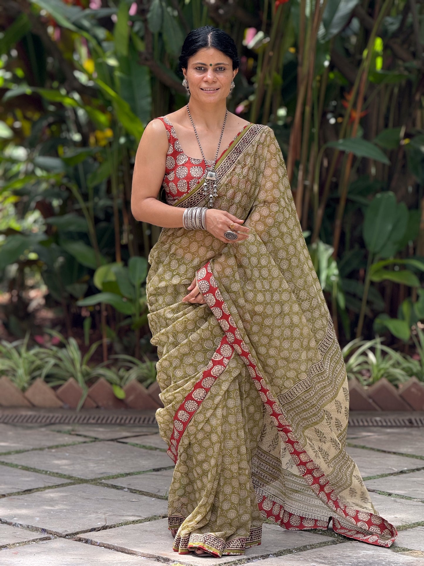 Handmade Natural Dyed Handblock Bagru / Dabu Printed Kota Doria Saree With Dabu Patch Border.