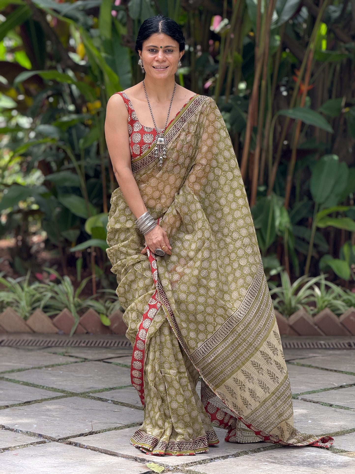 Handmade Natural Dyed Handblock Bagru / Dabu Printed Kota Doria Saree With Dabu Patch Border.