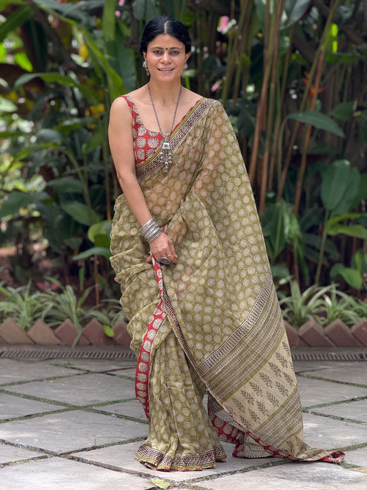 Handmade Natural Dyed Handblock Bagru / Dabu Printed Kota Doria Saree With Dabu Patch Border.