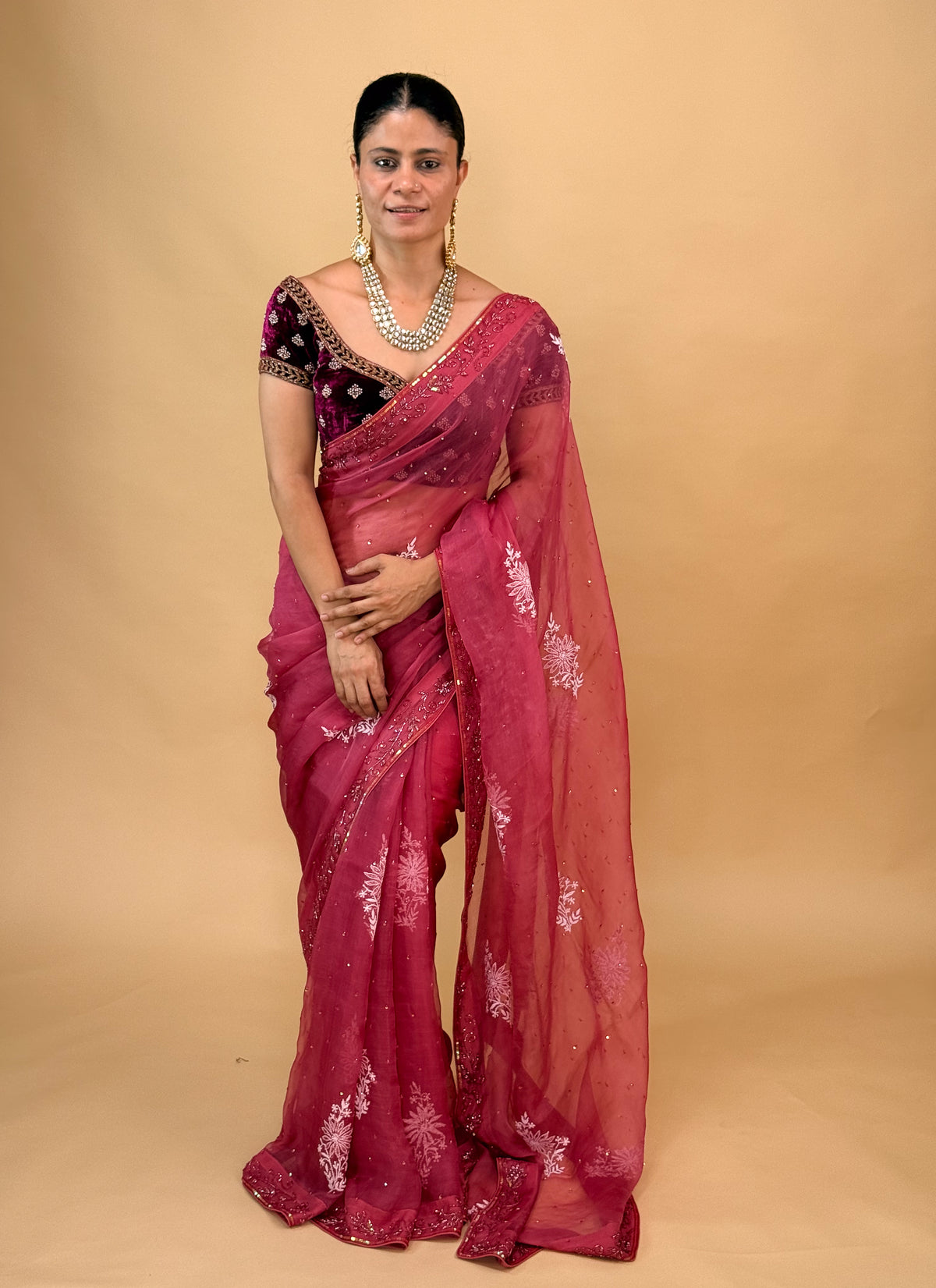 Handloom Organza Silk Saree with Hand-Embroidered Chikankari Finished With Beads Border.