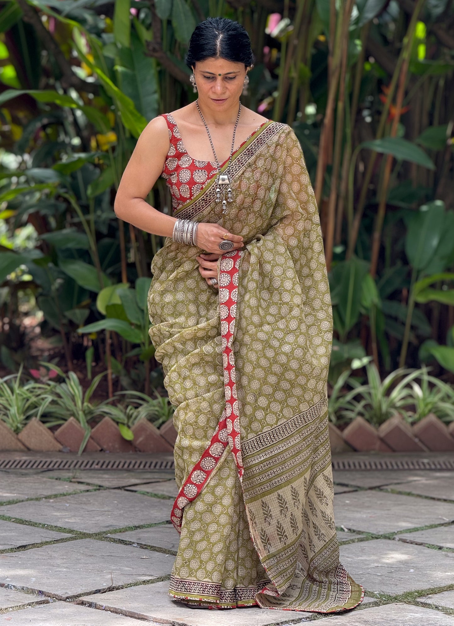 Handmade Natural Dyed Handblock Bagru / Dabu Printed Kota Doria Saree With Dabu Patch Border.