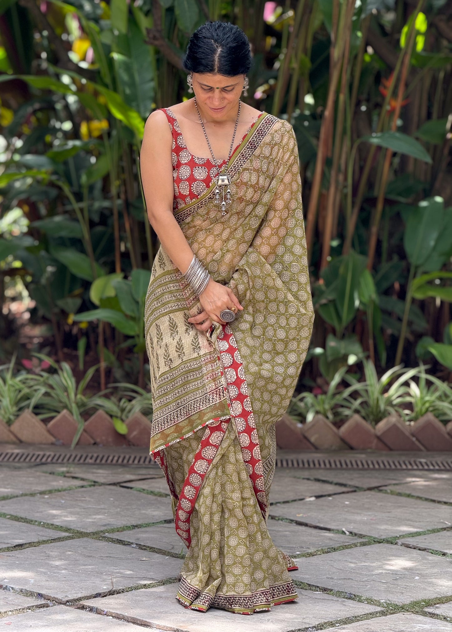 Handmade Natural Dyed Handblock Bagru / Dabu Printed Kota Doria Saree With Dabu Patch Border.
