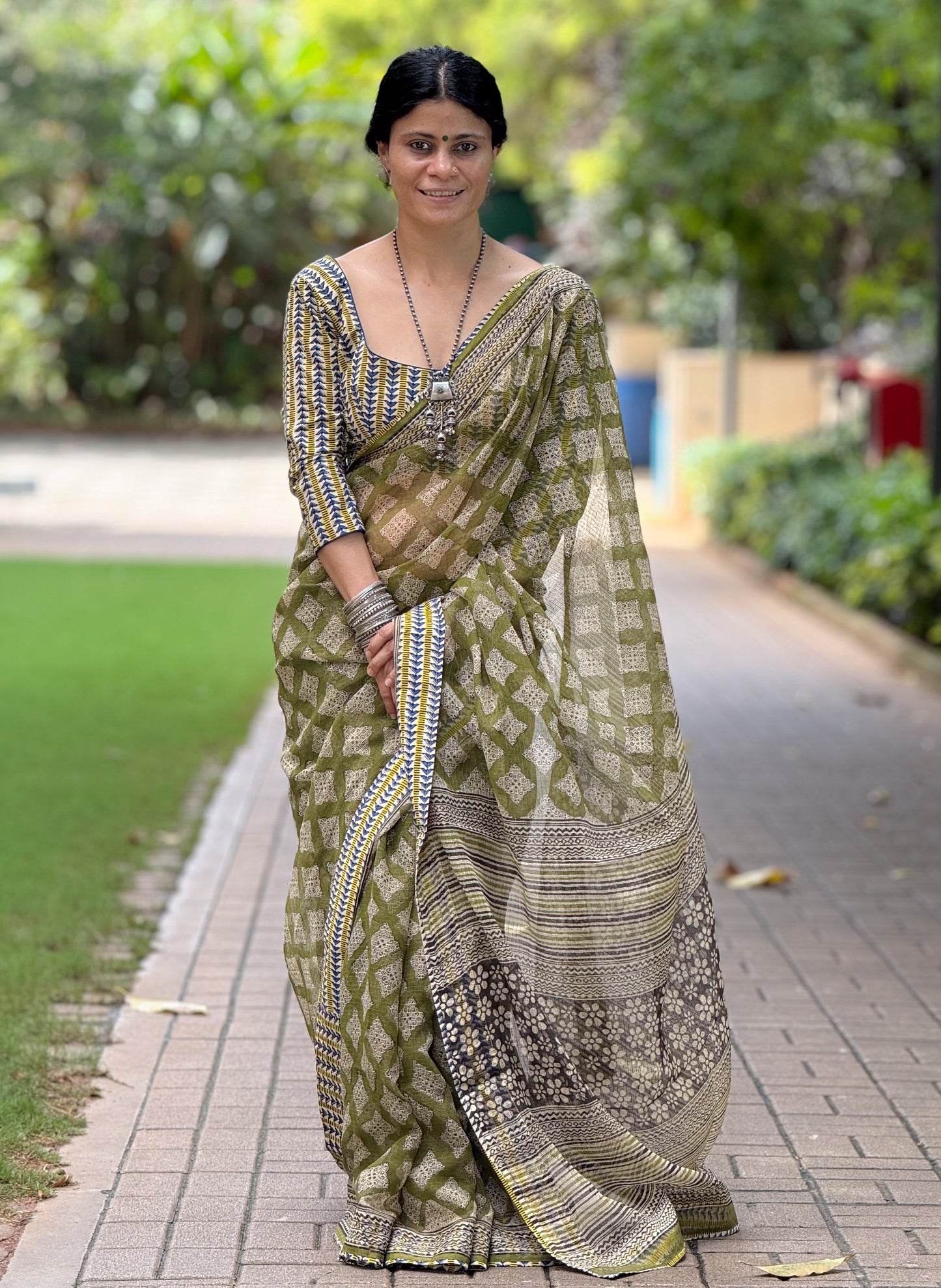 Handmade Natural Dyed Handblock Bagru / Dabu Printed Kota Doria Saree With Dabu Patch Border.