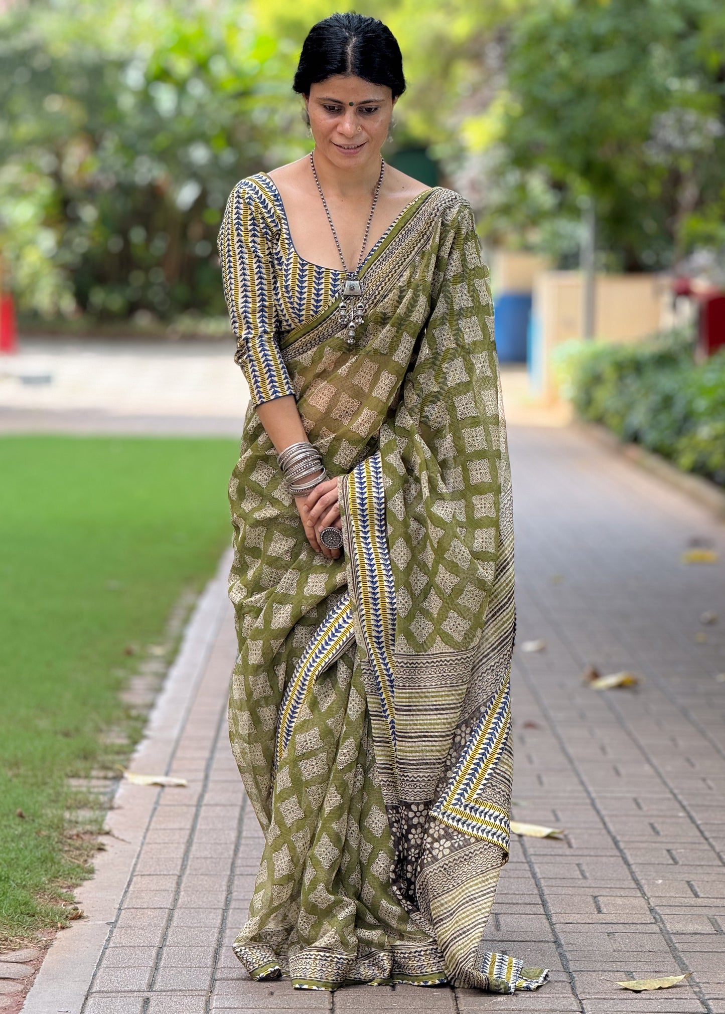 Handmade Natural Dyed Handblock Bagru / Dabu Printed Kota Doria Saree With Dabu Patch Border.