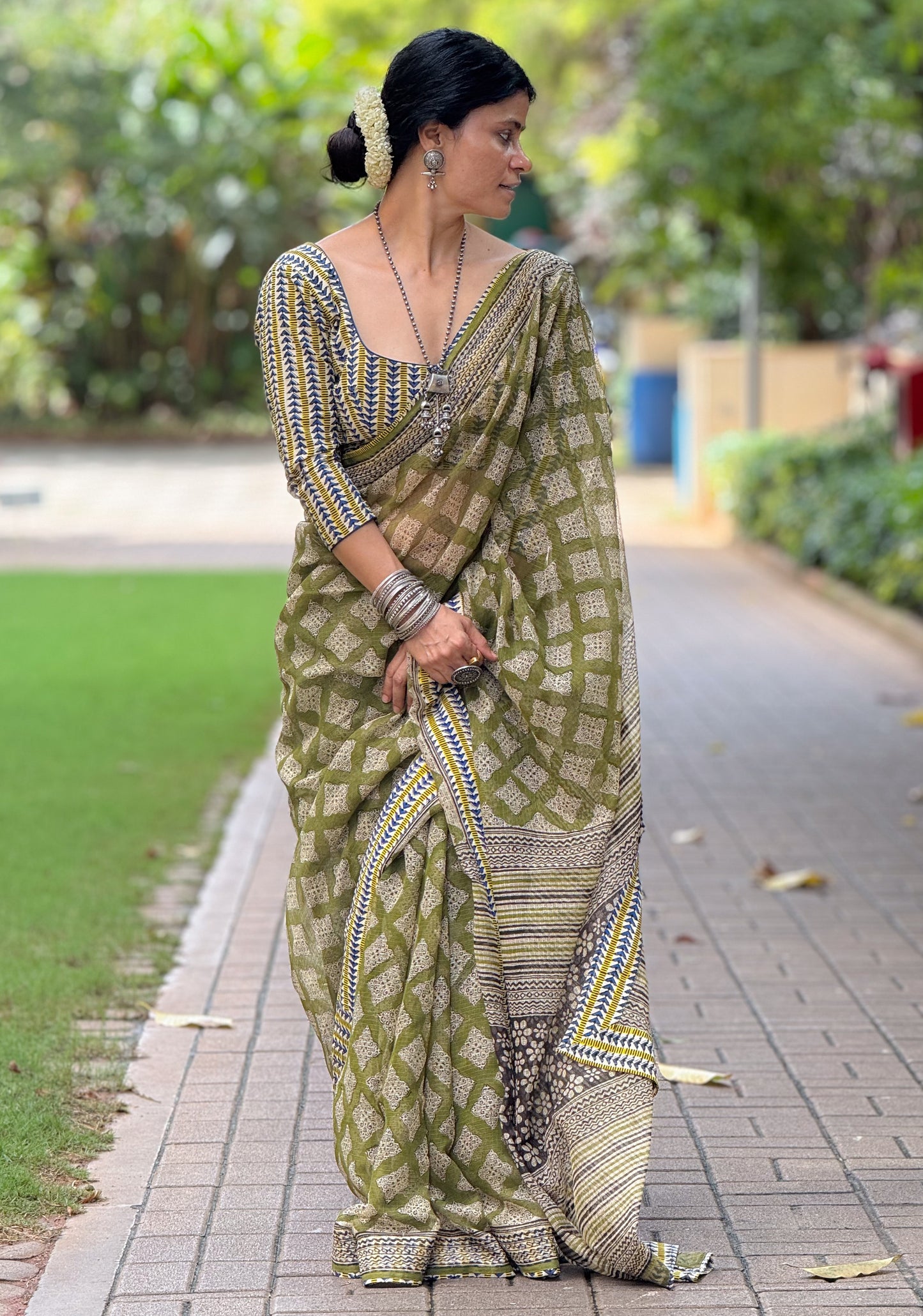Handmade Natural Dyed Handblock Bagru / Dabu Printed Kota Doria Saree With Dabu Patch Border.