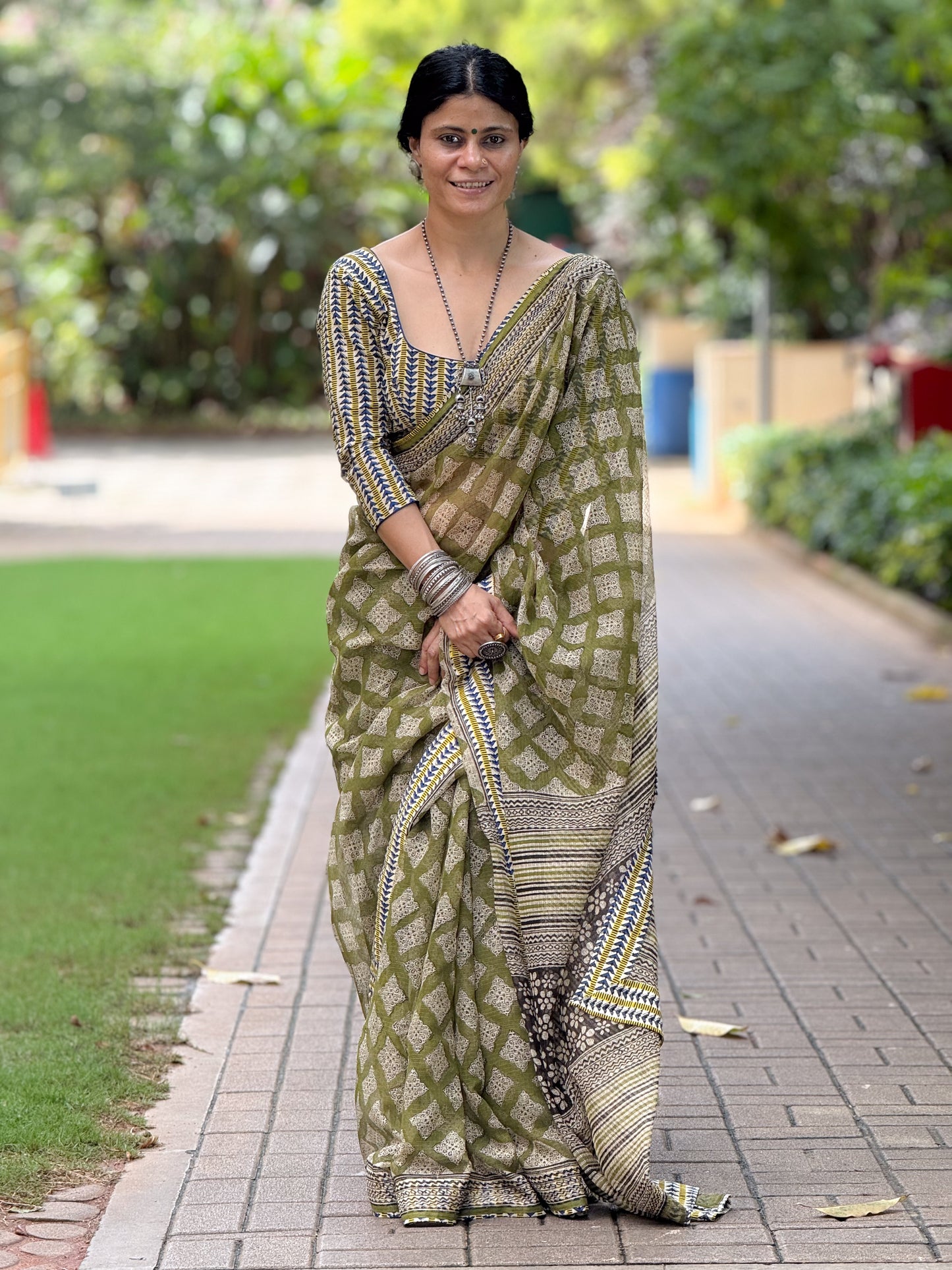 Handmade Natural Dyed Handblock Bagru / Dabu Printed Kota Doria Saree With Dabu Patch Border.