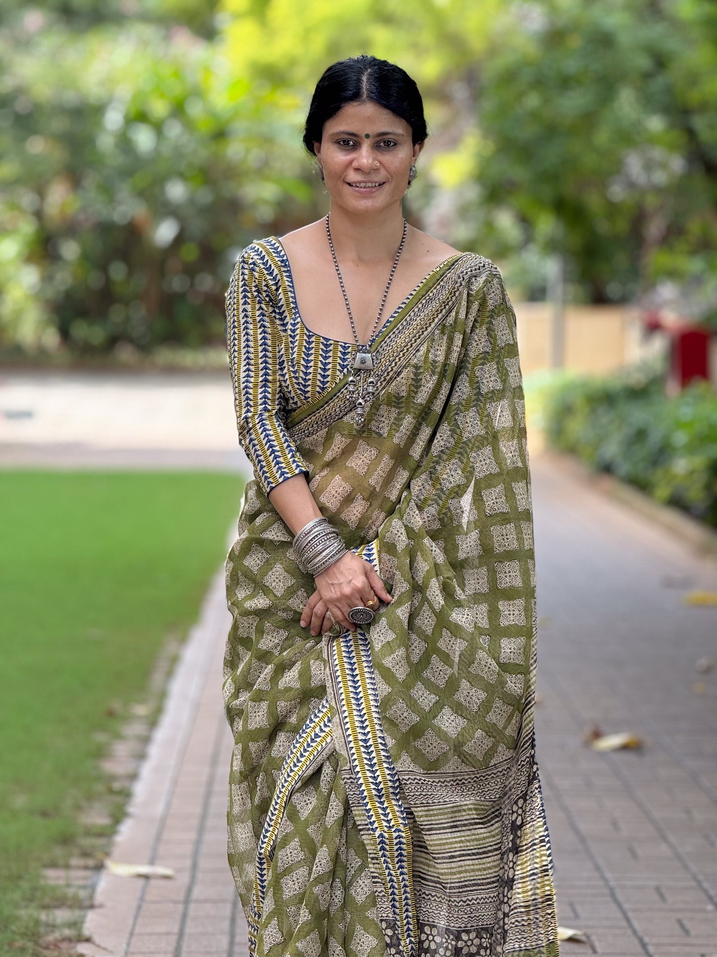 Handmade Natural Dyed Handblock Bagru / Dabu Printed Kota Doria Saree With Dabu Patch Border.