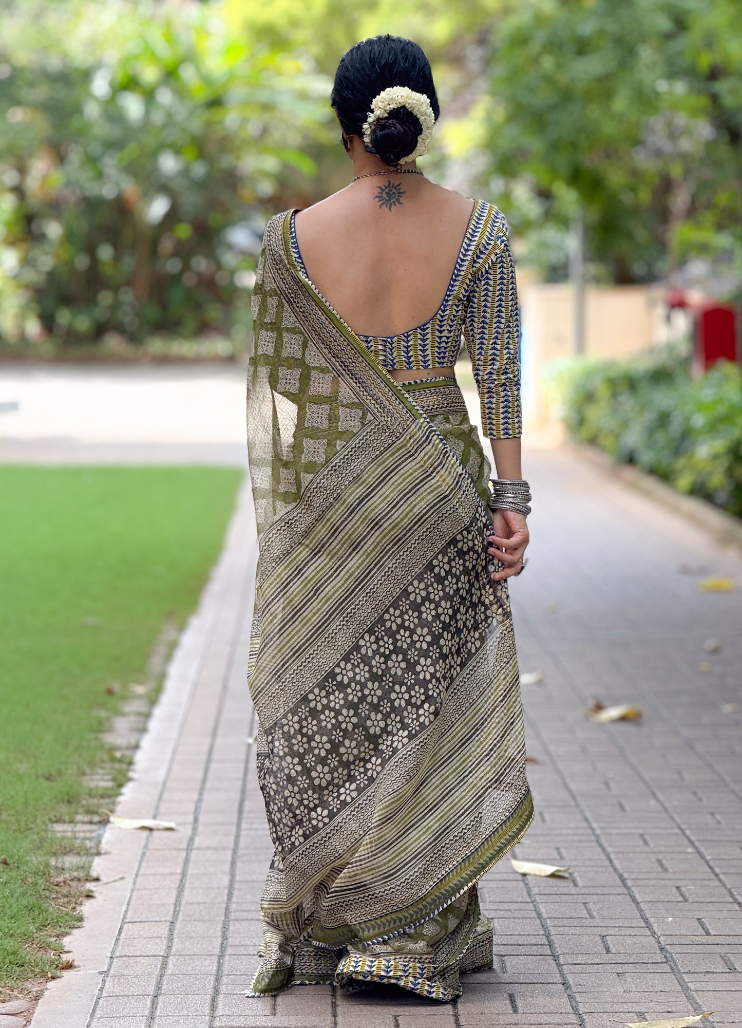 Handmade Natural Dyed Handblock Bagru / Dabu Printed Kota Doria Saree With Dabu Patch Border.