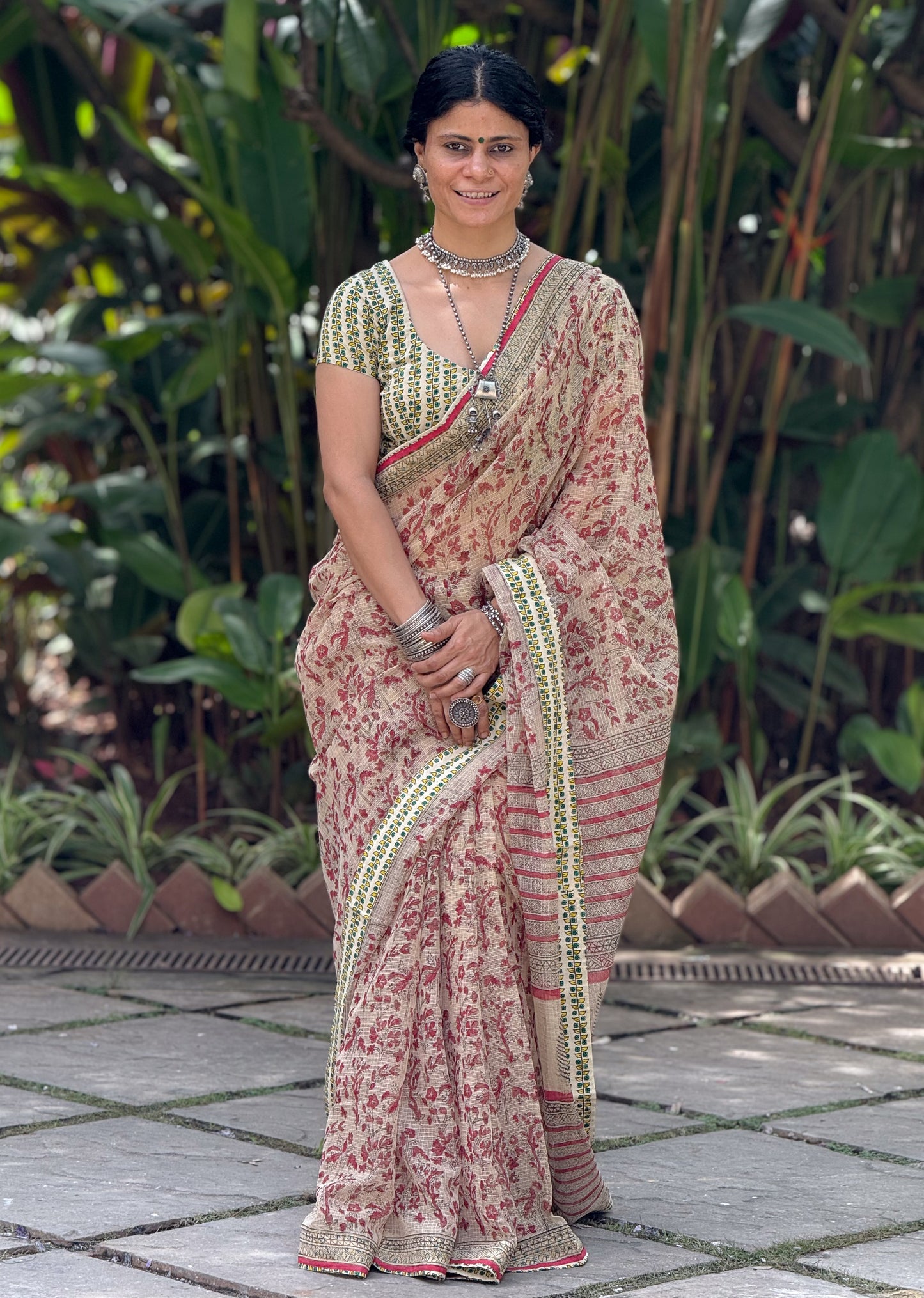 Handmade Natural Dyed Handblock Bagru / Dabu Printed Kota Doria Saree With Dabu Patch Border.