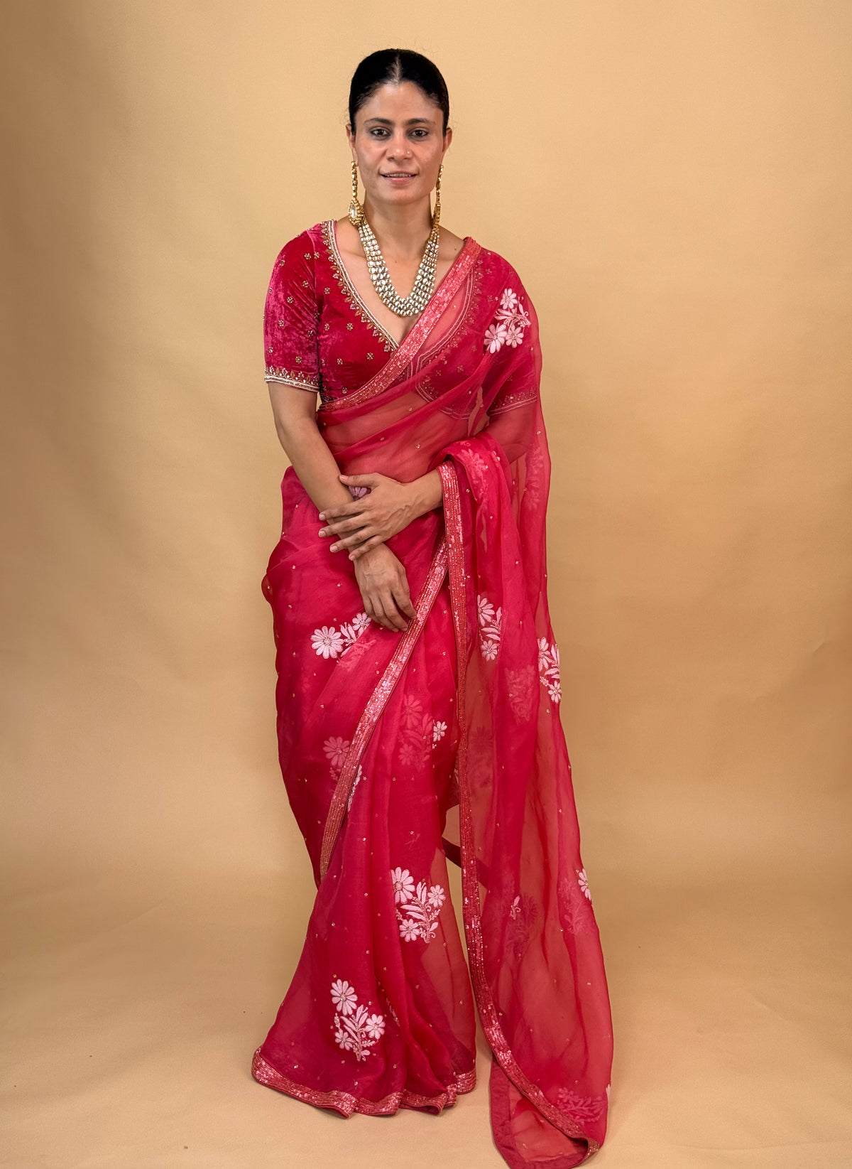 Handloom Organza Silk Saree with Hand-Embroidered Chikankari Finished With Beads Border.
