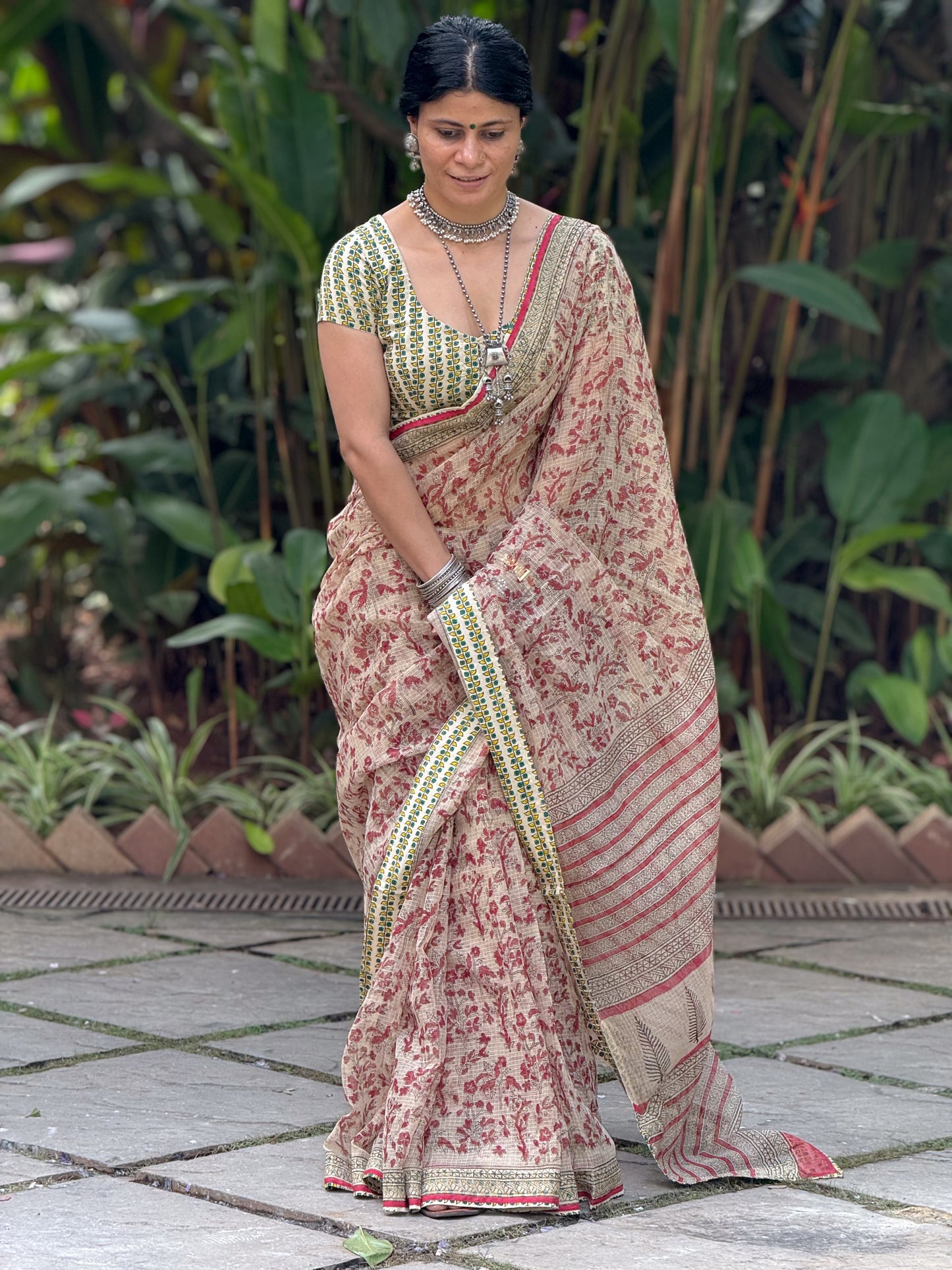 Handmade Natural Dyed Handblock Bagru / Dabu Printed Kota Doria Saree With Dabu Patch Border.