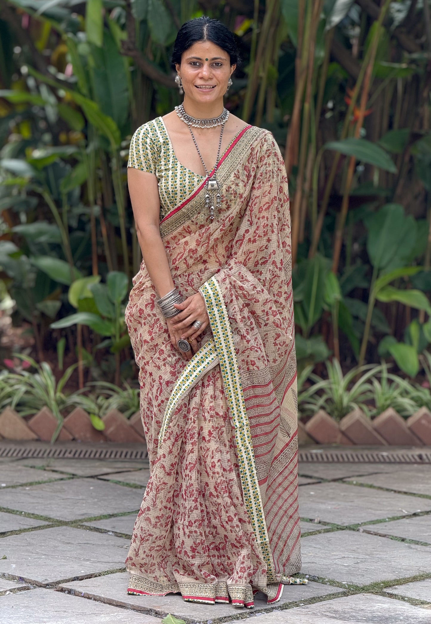 Handmade Natural Dyed Handblock Bagru / Dabu Printed Kota Doria Saree With Dabu Patch Border.