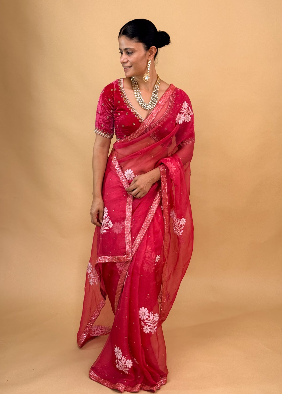 Handloom Organza Silk Saree with Hand-Embroidered Chikankari Finished With Beads Border.