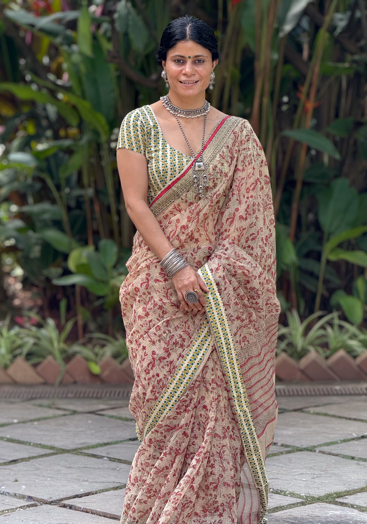 Handmade Natural Dyed Handblock Bagru / Dabu Printed Kota Doria Saree With Dabu Patch Border.