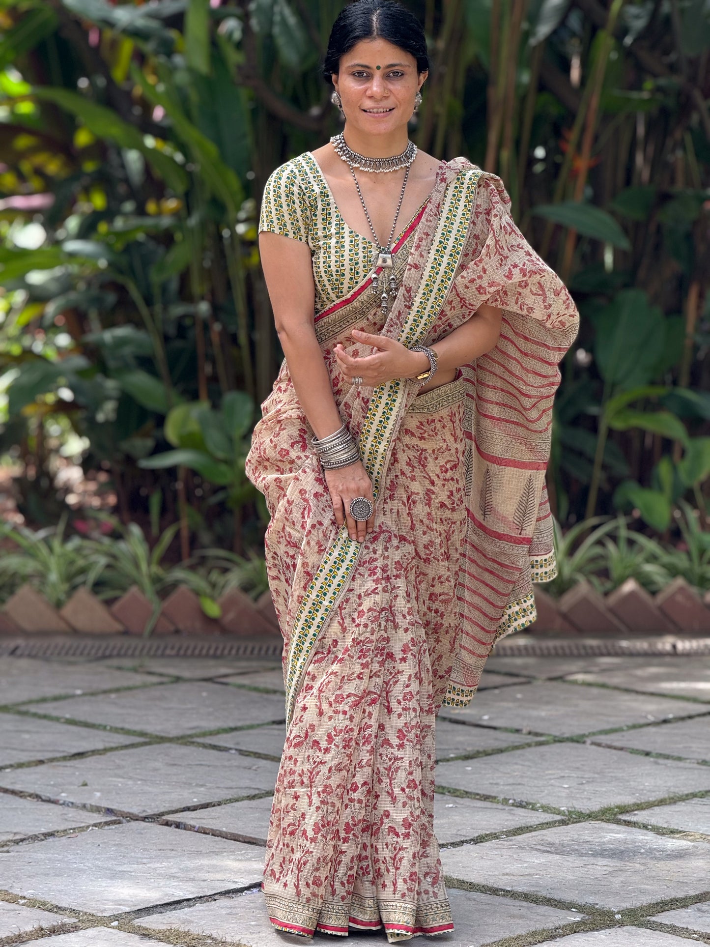 Handmade Natural Dyed Handblock Bagru / Dabu Printed Kota Doria Saree With Dabu Patch Border.