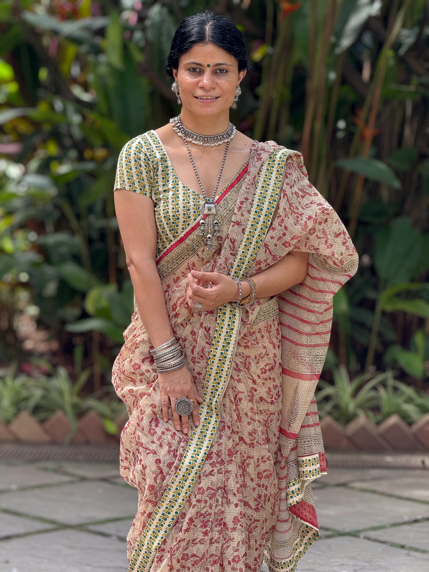 Handmade Natural Dyed Handblock Bagru / Dabu Printed Kota Doria Saree With Dabu Patch Border.