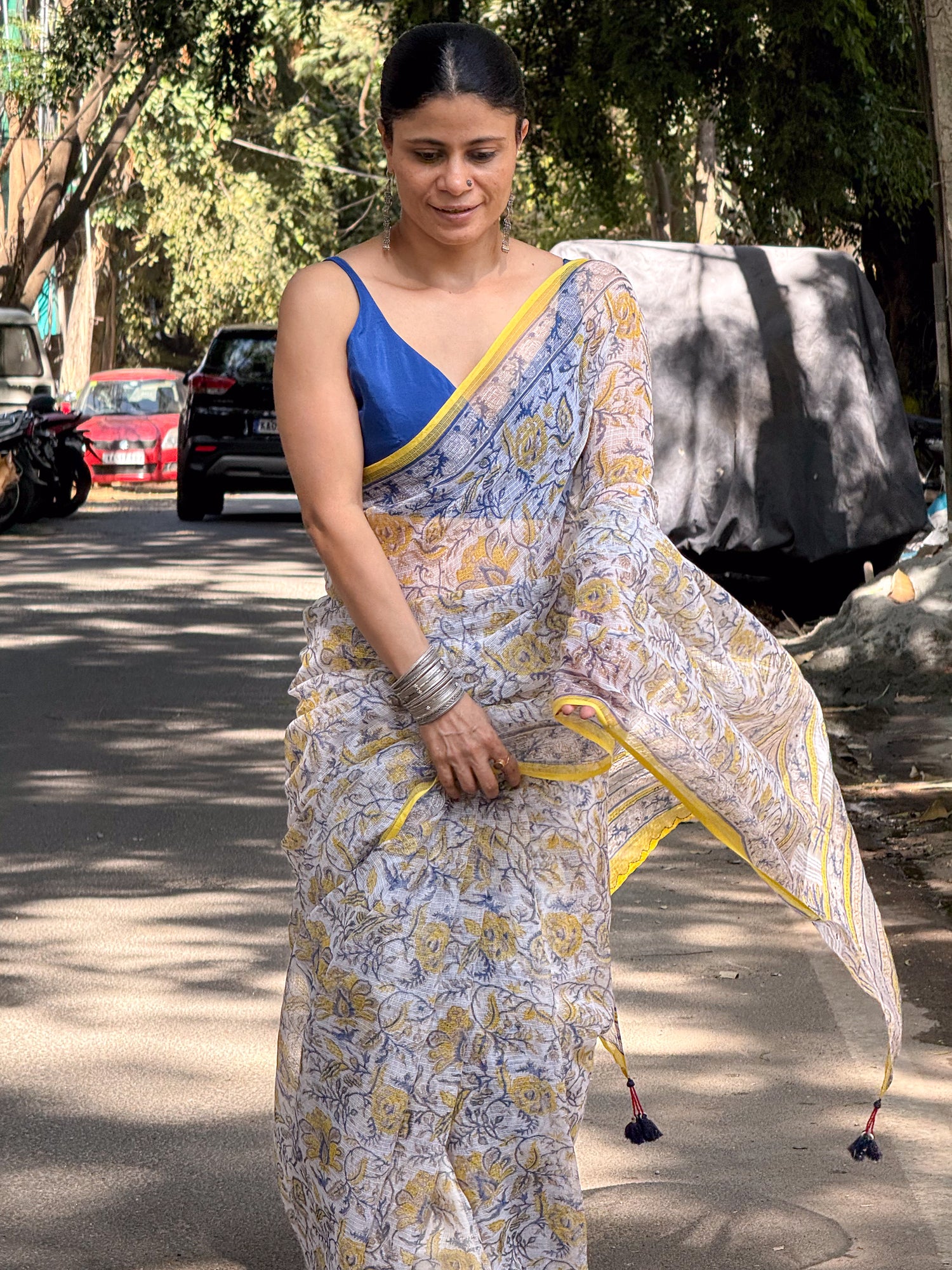 Handblock Printed Kota Dorai Saree With Hand Embroidered Running Stitch.