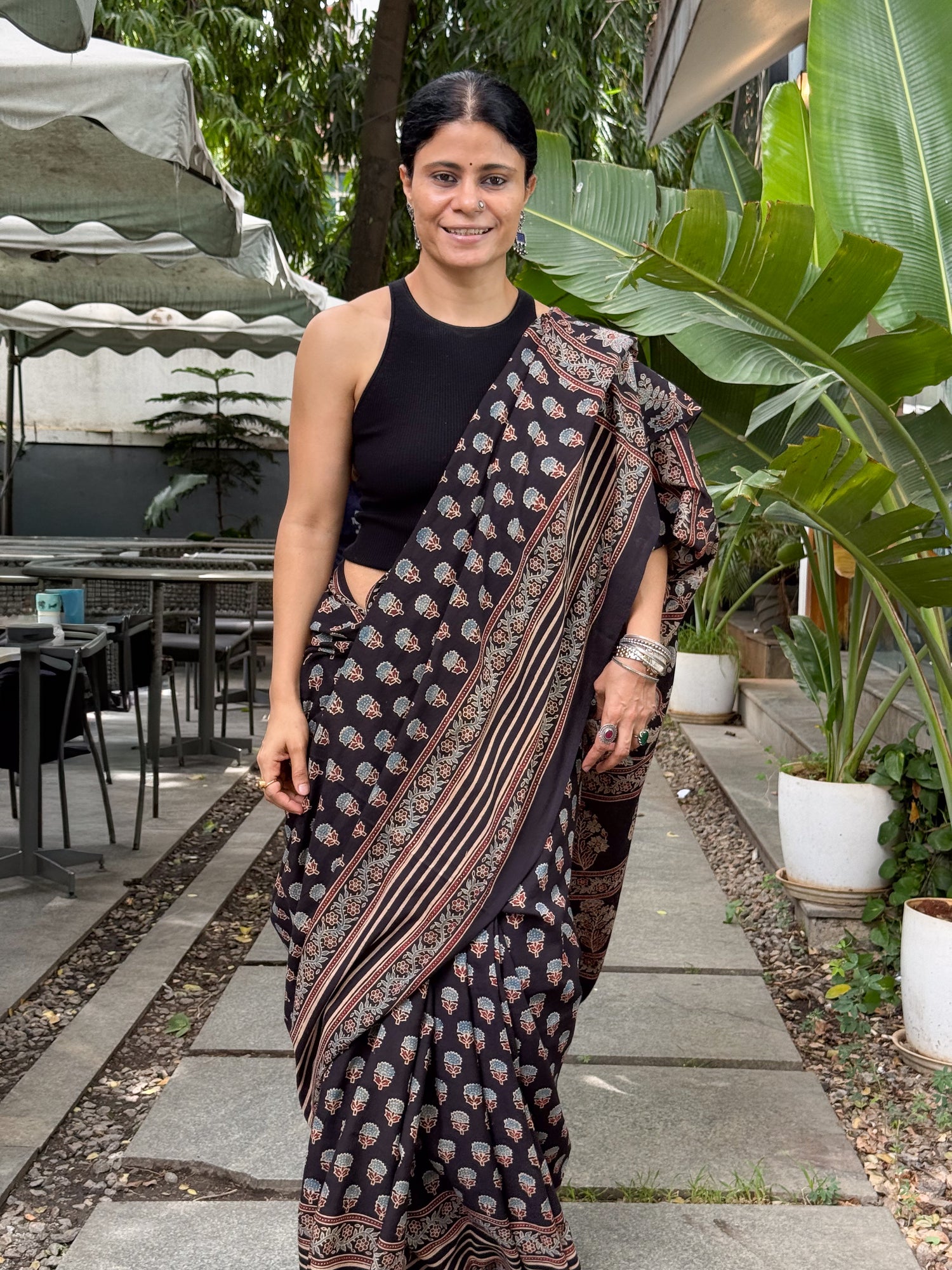 Handmade & Handblock Printed Natural Dyed Ajrakh Mull Cotton Saree.