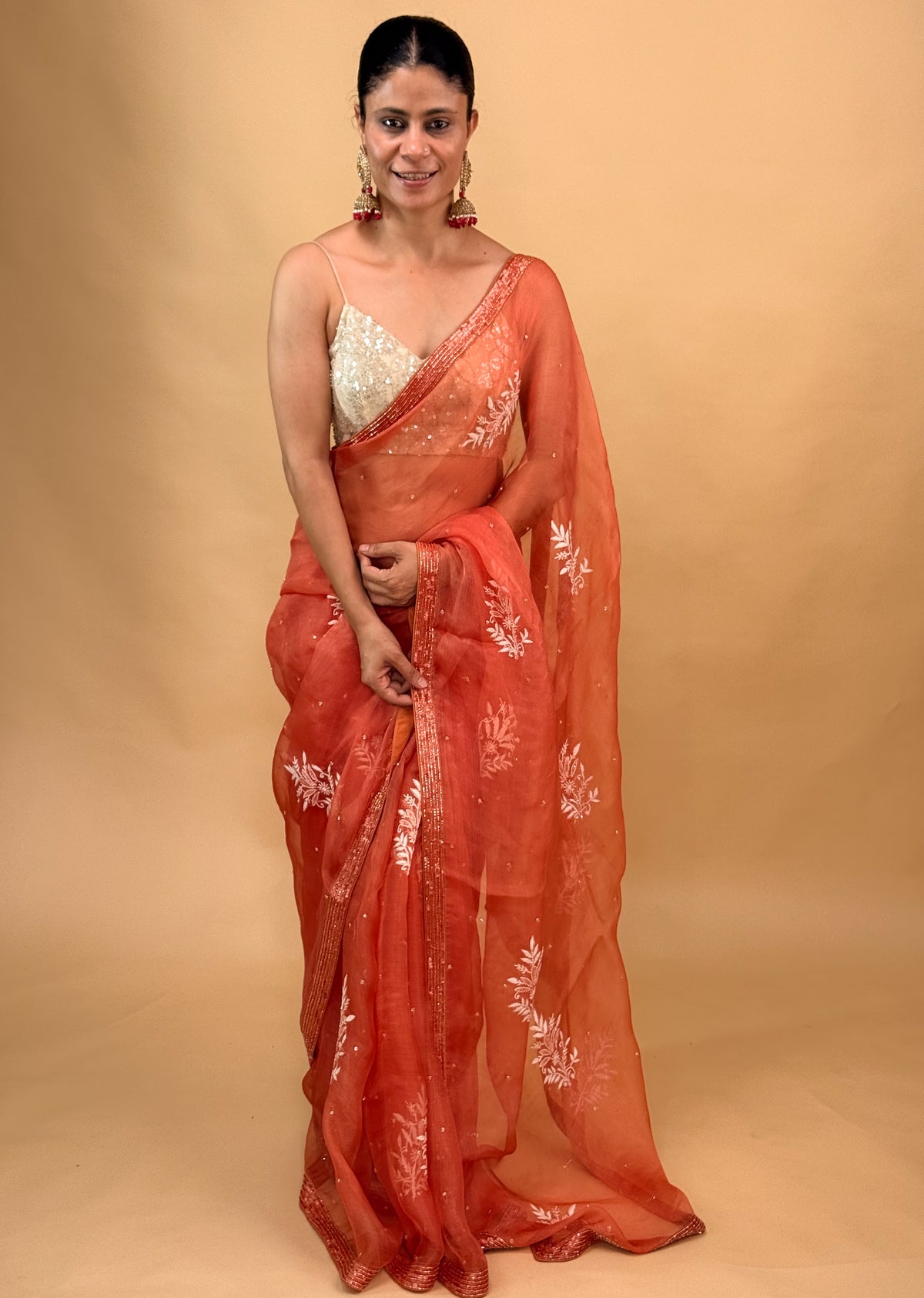 Handloom Organza Silk Saree with Hand-Embroidered Chikankari Finished With Beads Border.