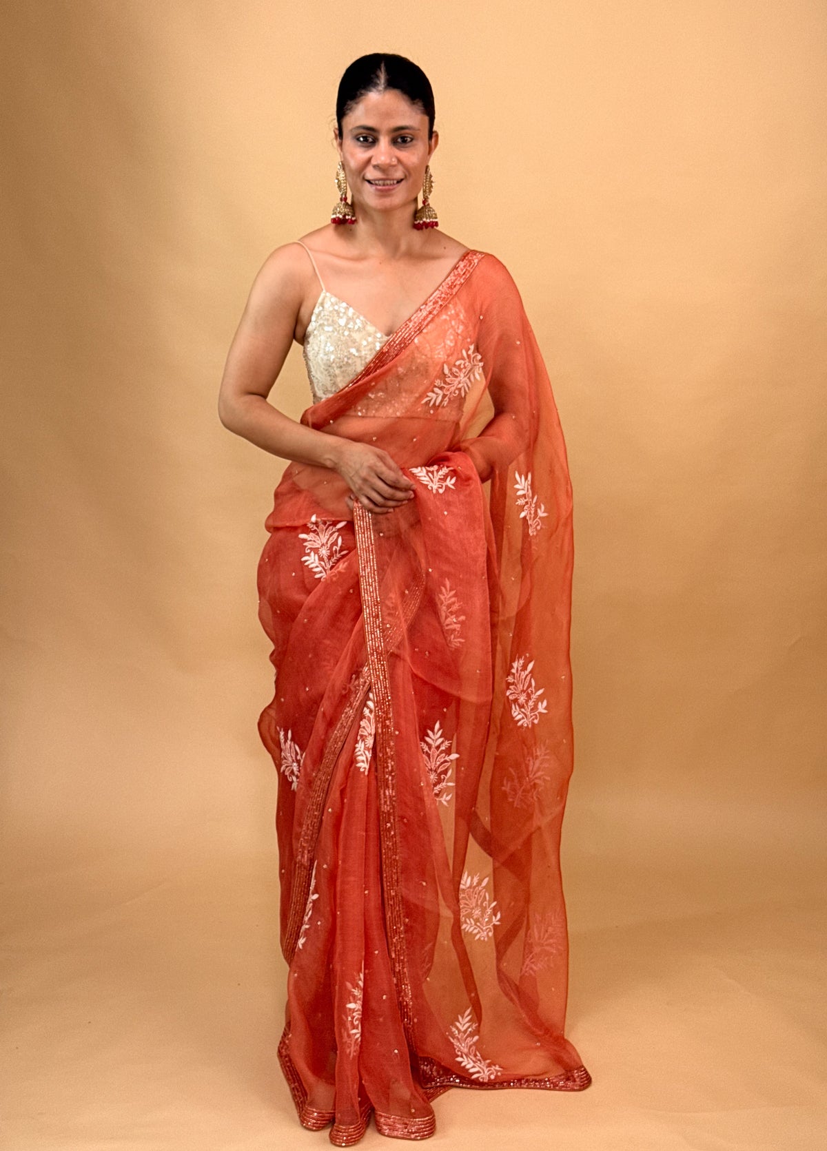 Handloom Organza Silk Saree with Hand-Embroidered Chikankari Finished With Beads Border.