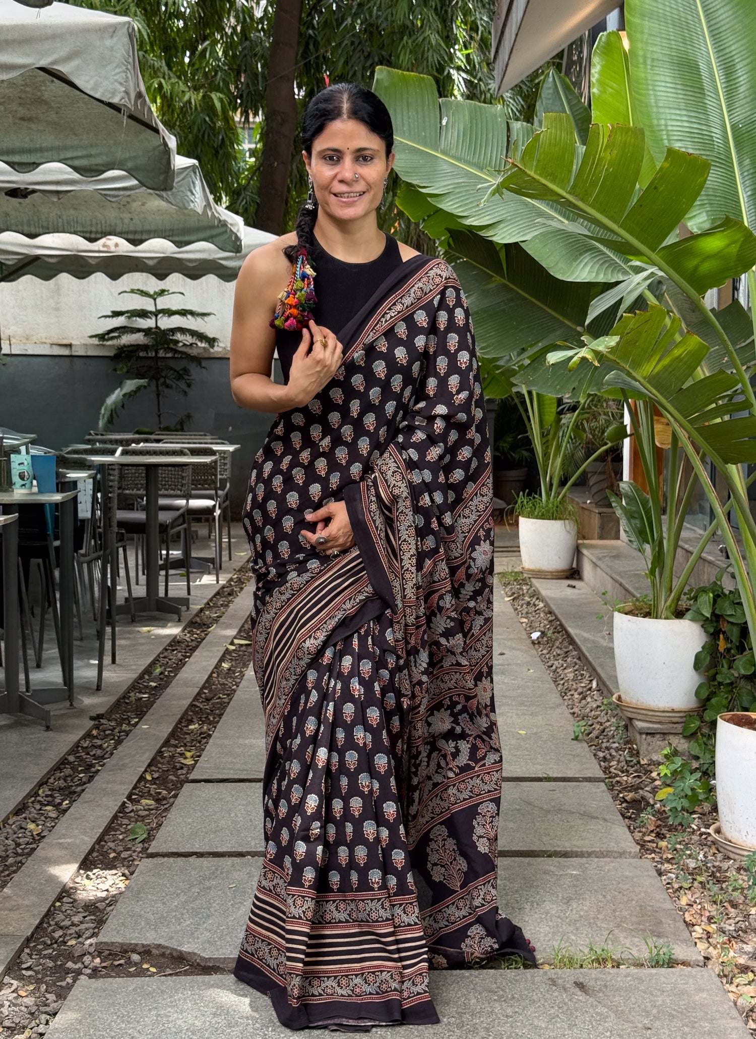 Handmade & Handblock Printed Natural Dyed Ajrakh Mull Cotton Saree.