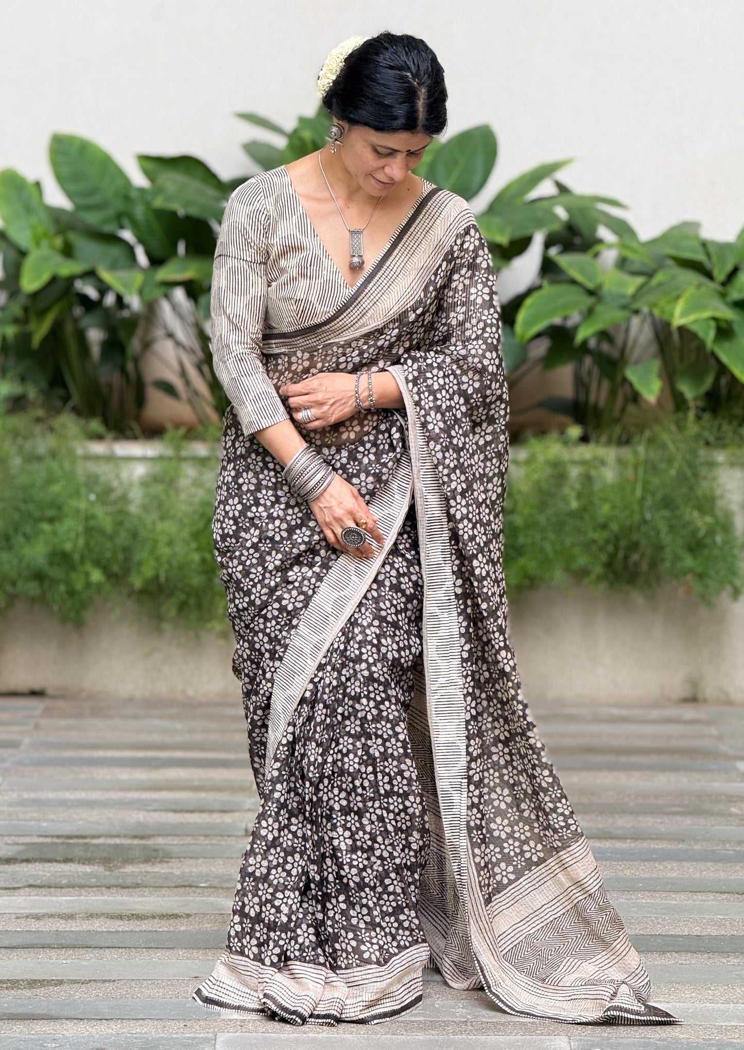 Handmade Natural Dyed Handblock Bagru / Dabu Printed Kota Doria Saree With Dabu Patch Border.