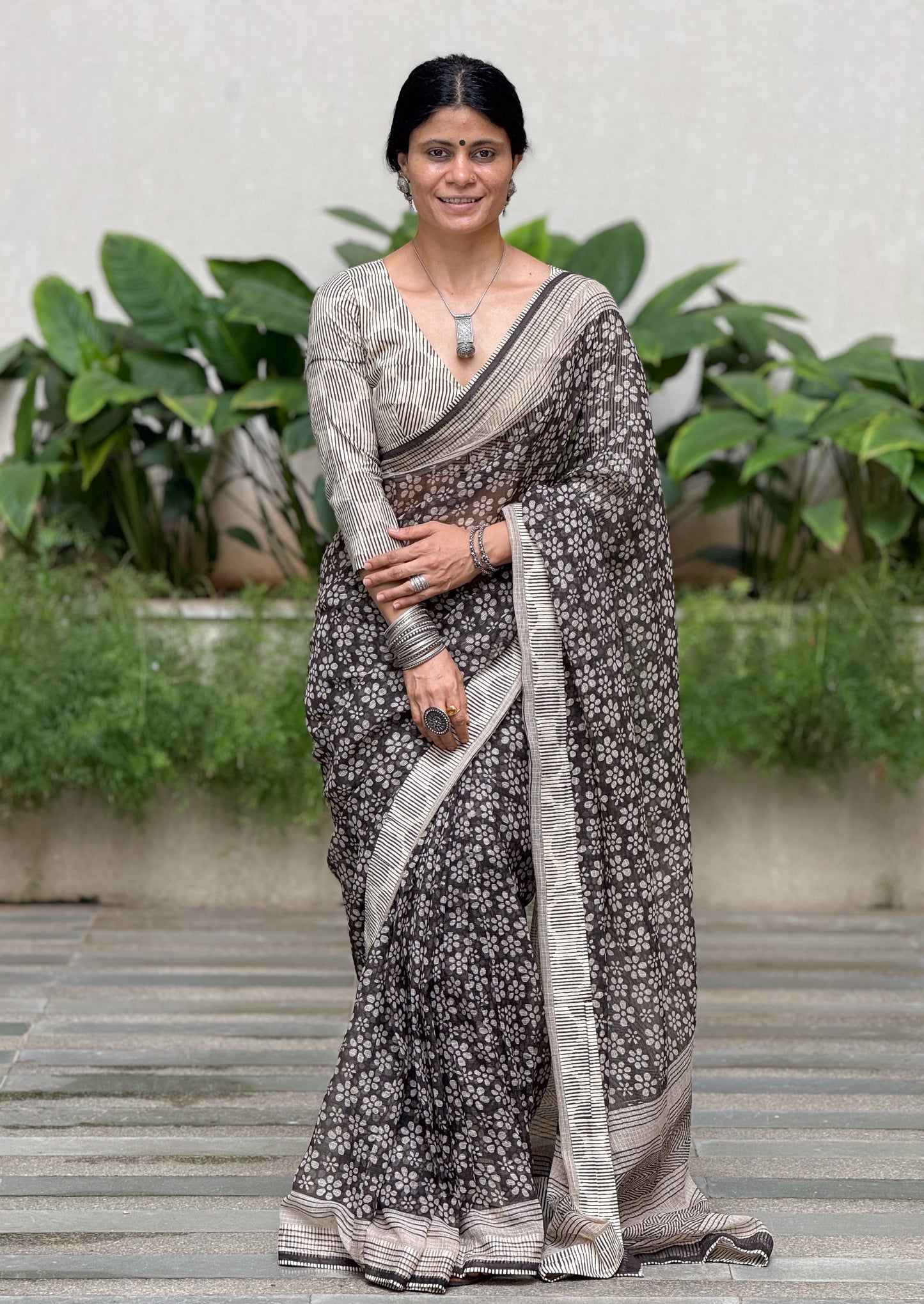 Handmade Natural Dyed Handblock Bagru / Dabu Printed Kota Doria Saree With Dabu Patch Border.