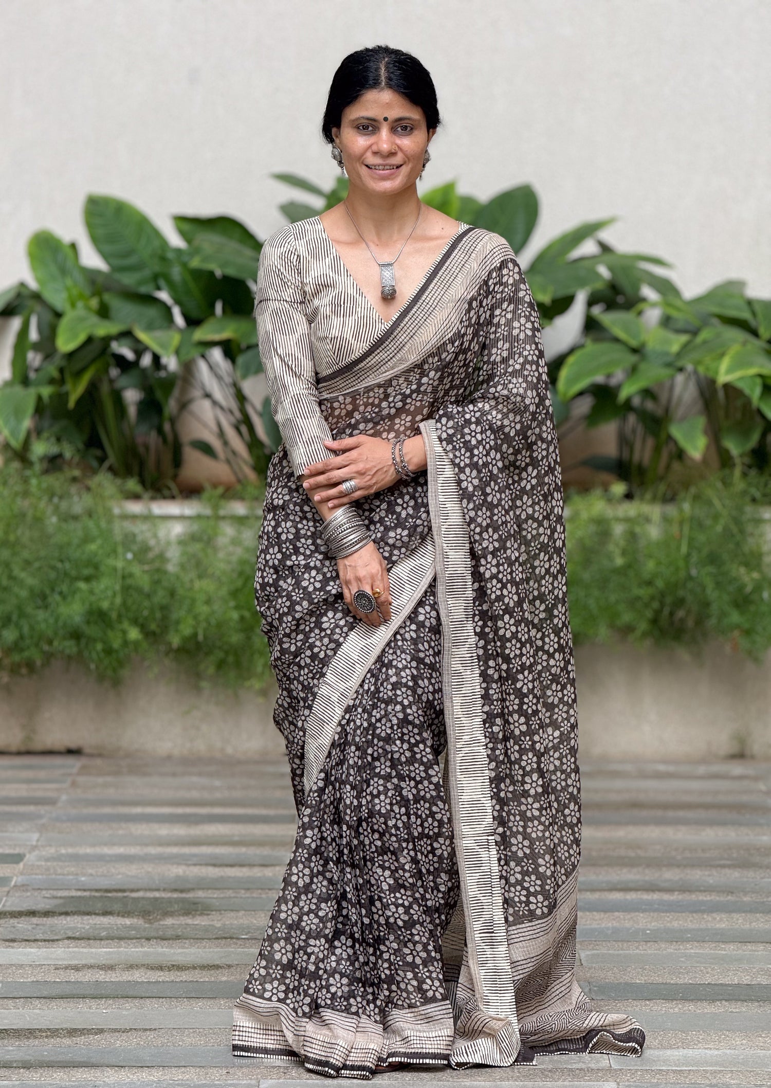 Handmade Natural Dyed Handblock Bagru / Dabu Printed Kota Doria Saree With Dabu Patch Border.