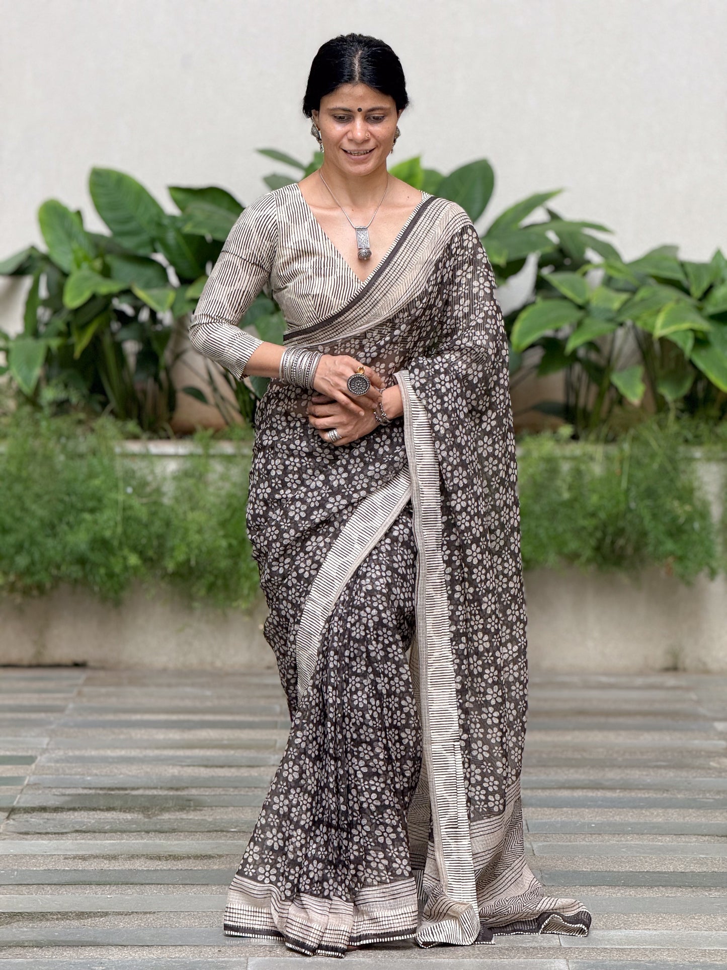 Handmade Natural Dyed Handblock Bagru / Dabu Printed Kota Doria Saree With Dabu Patch Border.