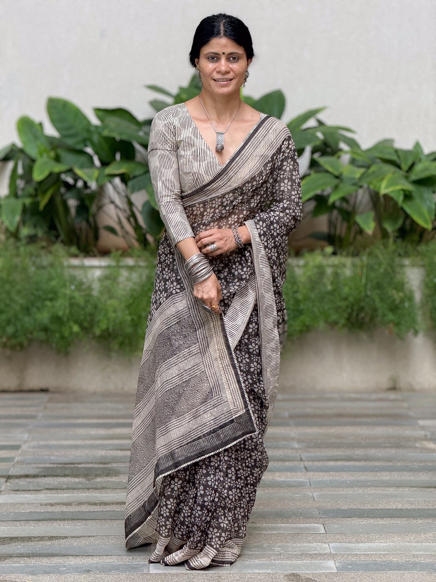 Handmade Natural Dyed Handblock Bagru / Dabu Printed Kota Doria Saree With Dabu Patch Border.