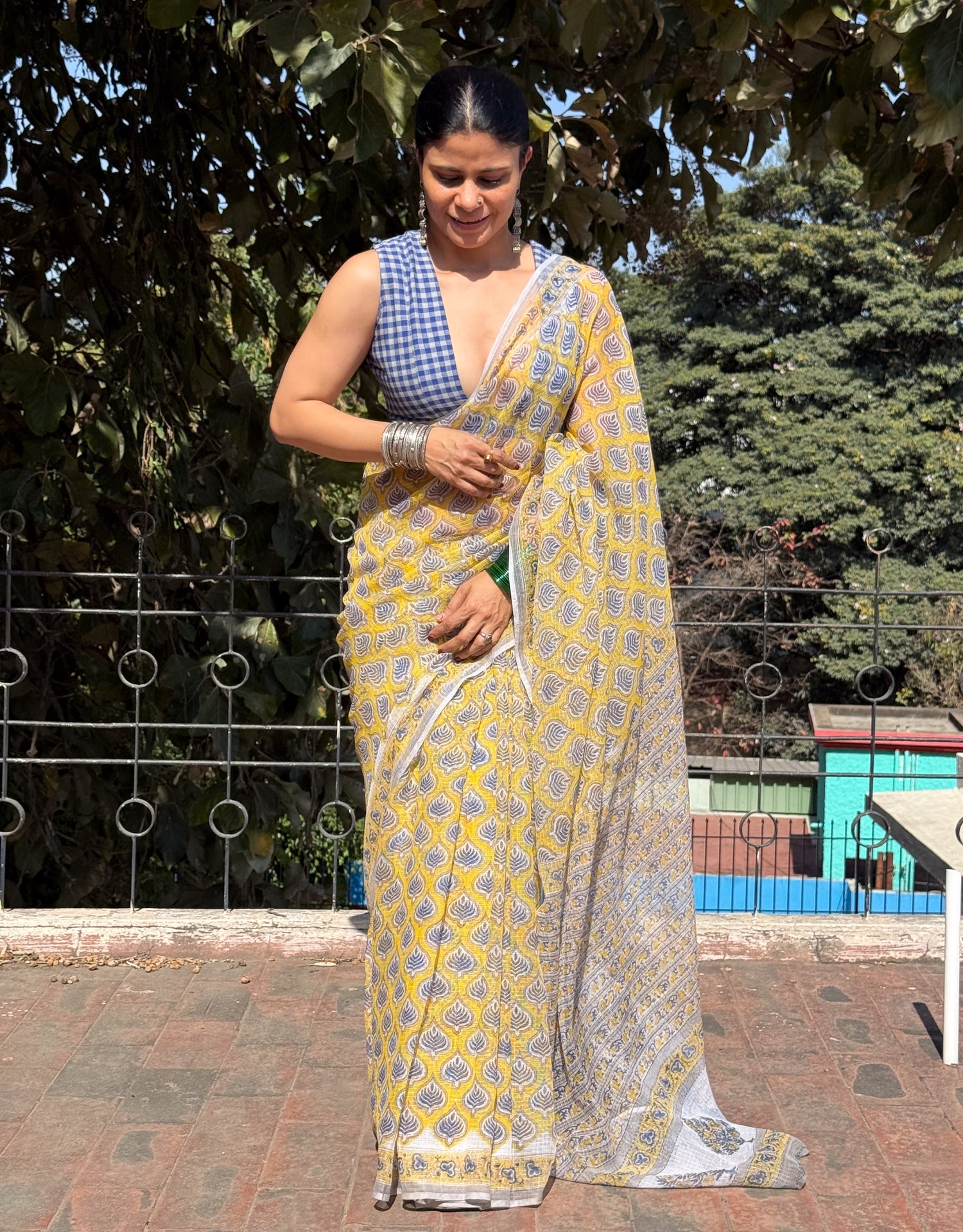 Handblock Printed Kota Dorai Saree With Hand Embroidered Running Stitch.