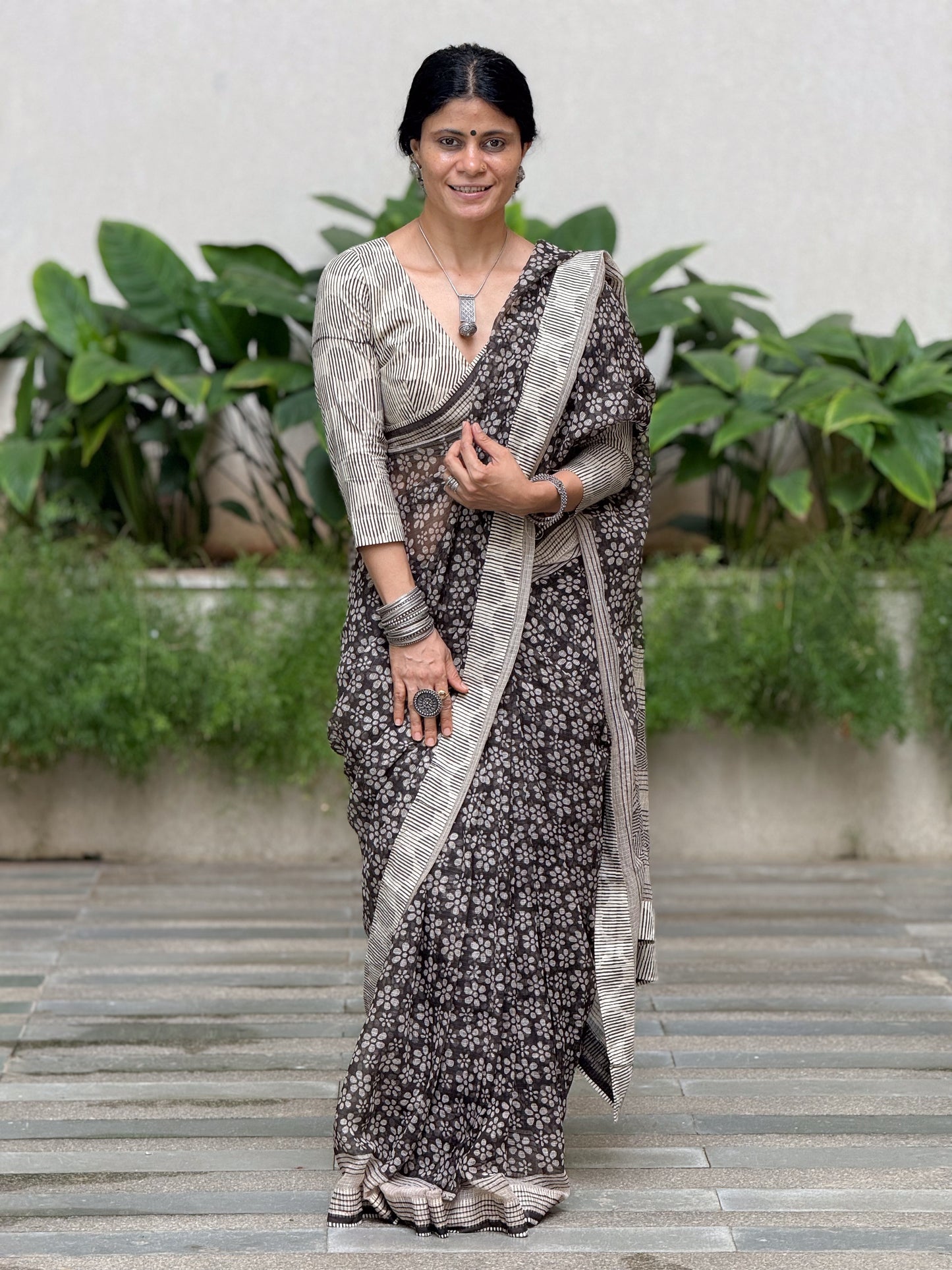 Handmade Natural Dyed Handblock Bagru / Dabu Printed Kota Doria Saree With Dabu Patch Border.