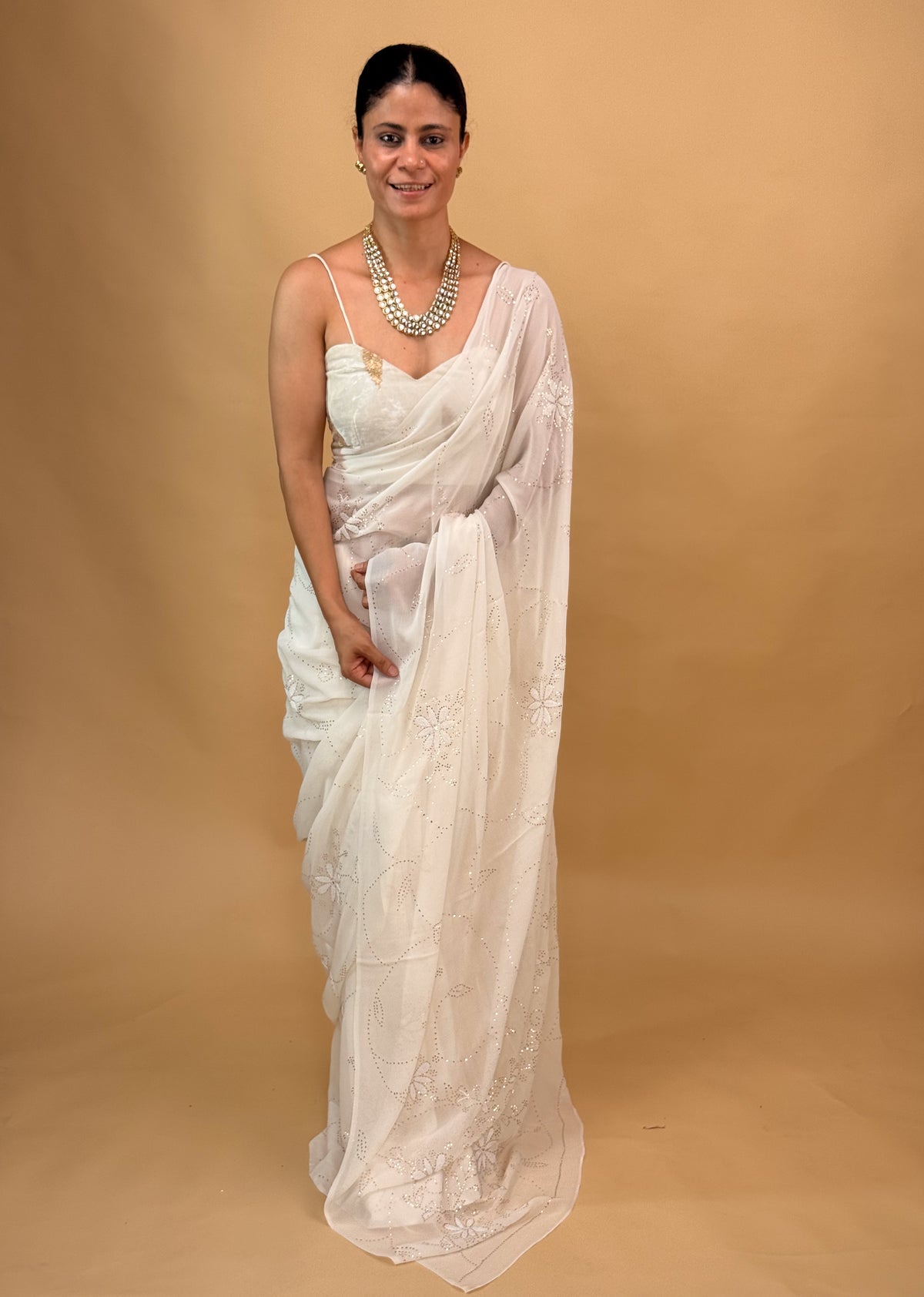 Pure Silk Georgette Saree with Handmade Mukaish Kamdani & Beads and Pearl Embroidered