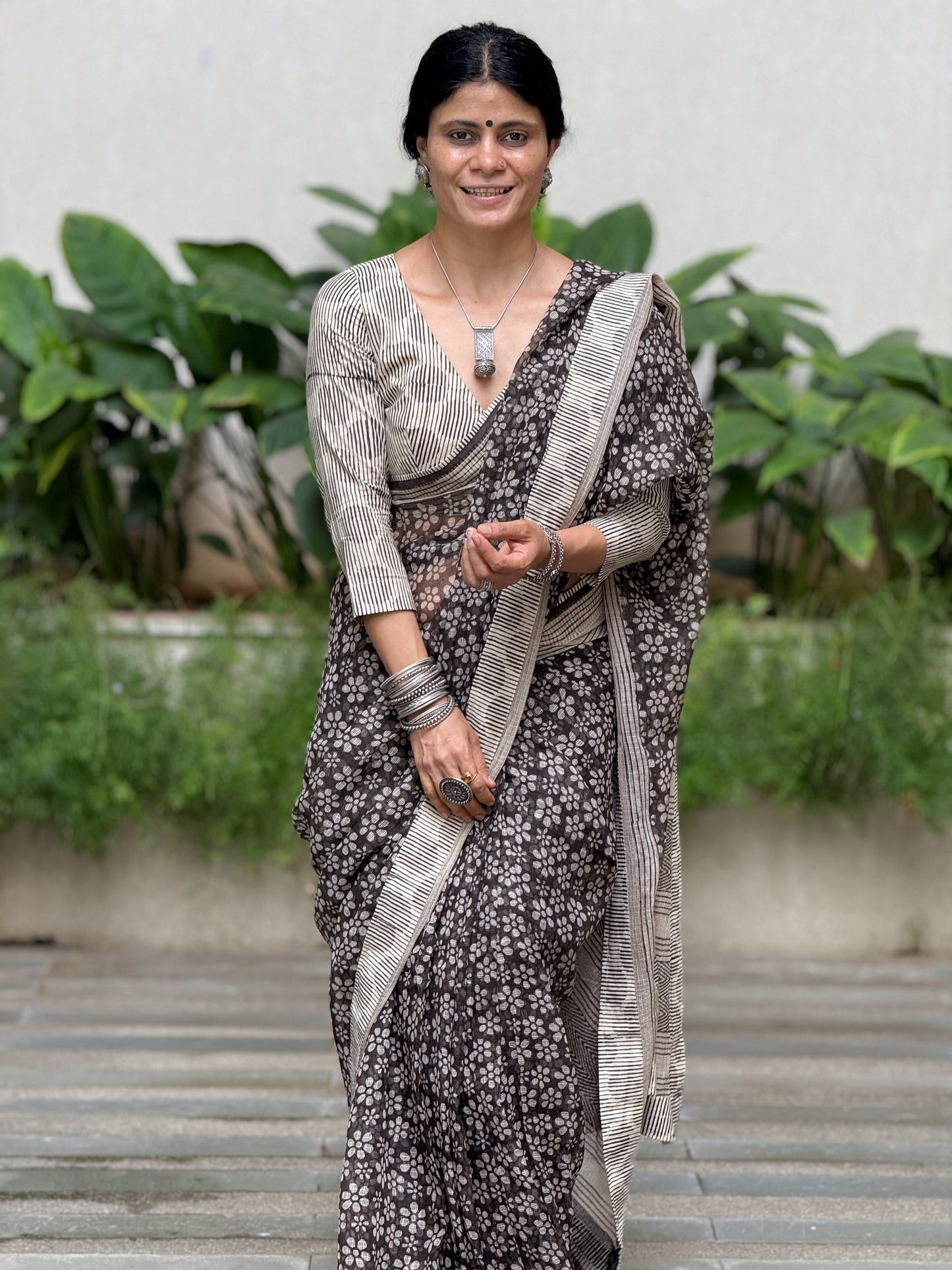 Handmade Natural Dyed Handblock Bagru / Dabu Printed Kota Doria Saree With Dabu Patch Border.