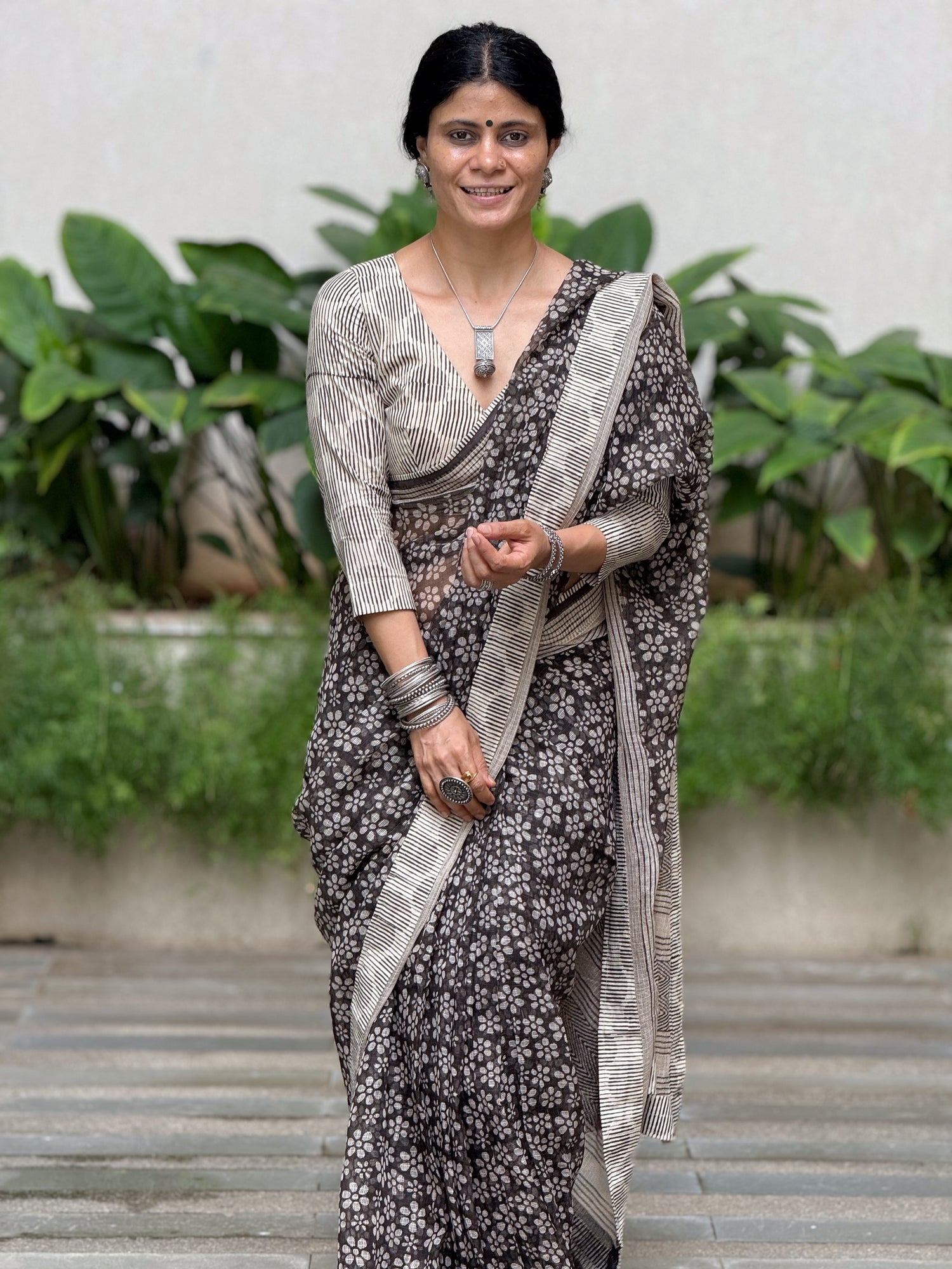 Handmade Natural Dyed Handblock Bagru / Dabu Printed Kota Doria Saree With Dabu Patch Border.