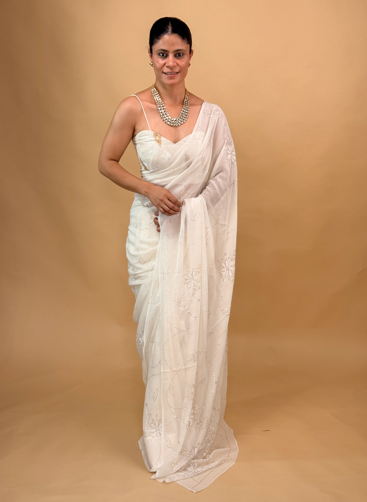 Pure Silk Georgette Saree with Handmade Mukaish Kamdani & Beads and Pearl Embroidered