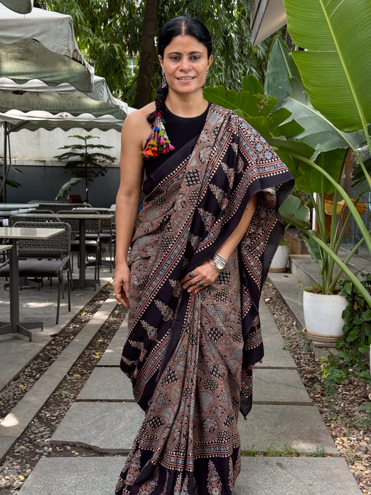 Handmade & Handblock Printed Natural Dyed Ajrakh Mull Cotton Saree.