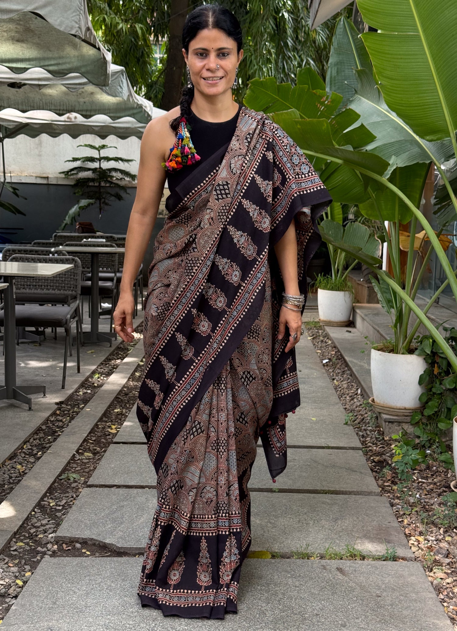 Handmade & Handblock Printed Natural Dyed Ajrakh Mull Cotton Saree.