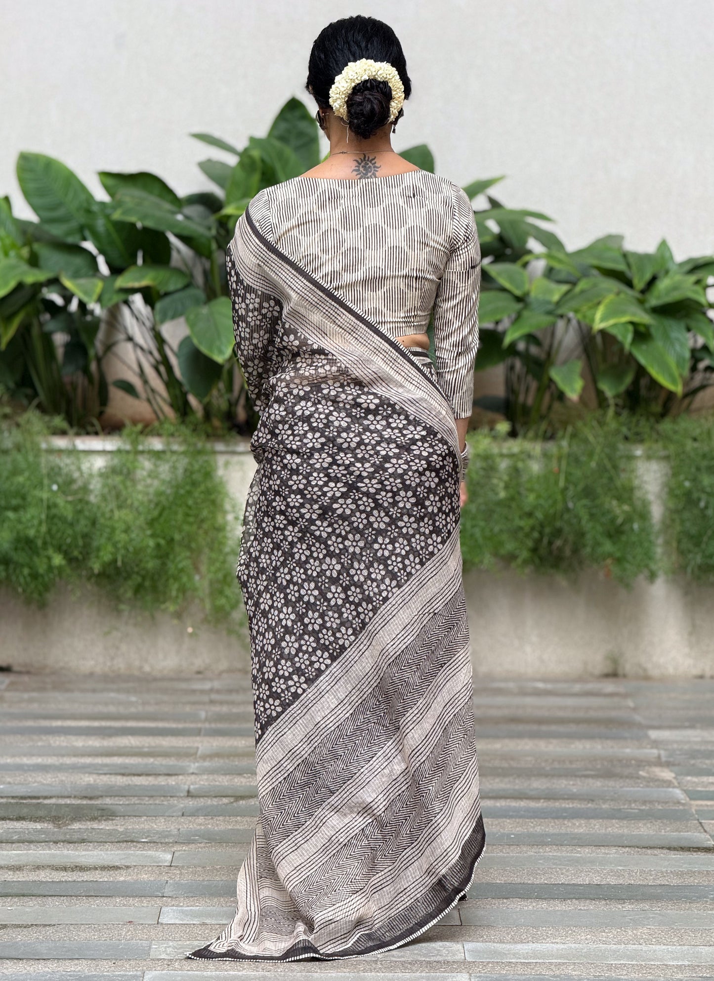 Handmade Natural Dyed Handblock Bagru / Dabu Printed Kota Doria Saree With Dabu Patch Border.