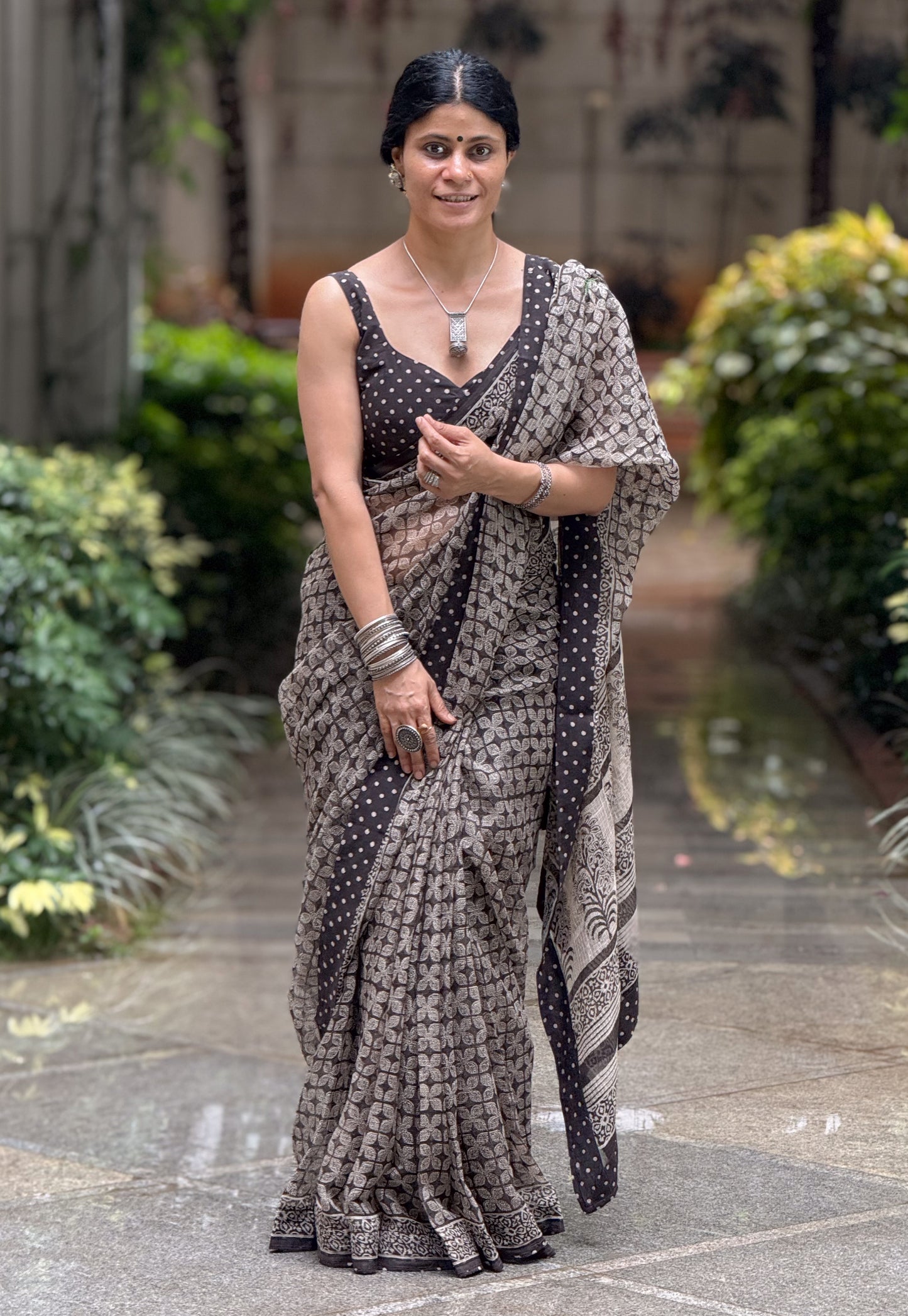 Handmade Natural Dyed Handblock Bagru / Dabu Printed Kota Doria Saree With Dabu Patch Border.
