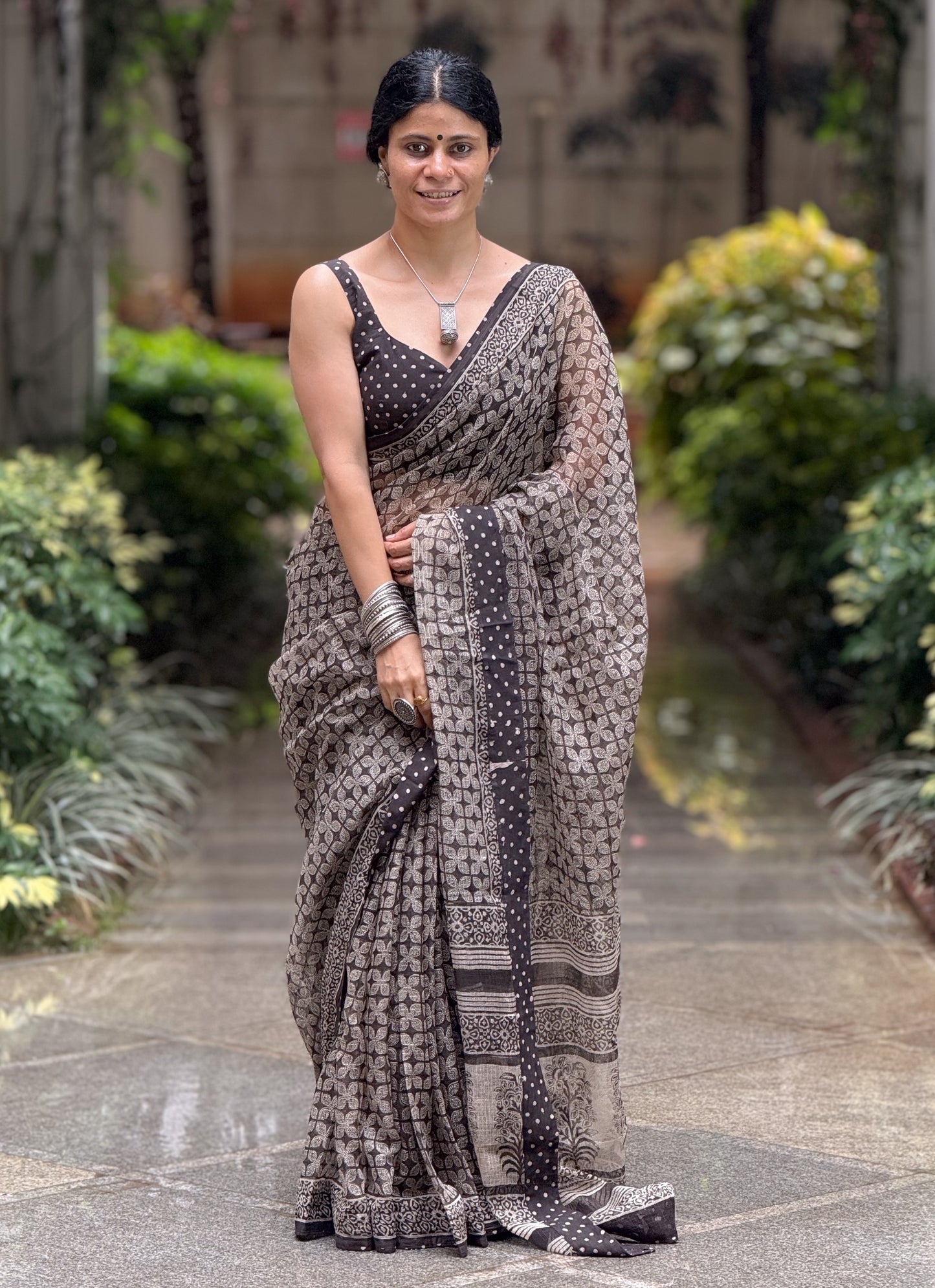 Handmade Natural Dyed Handblock Bagru / Dabu Printed Kota Doria Saree With Dabu Patch Border.