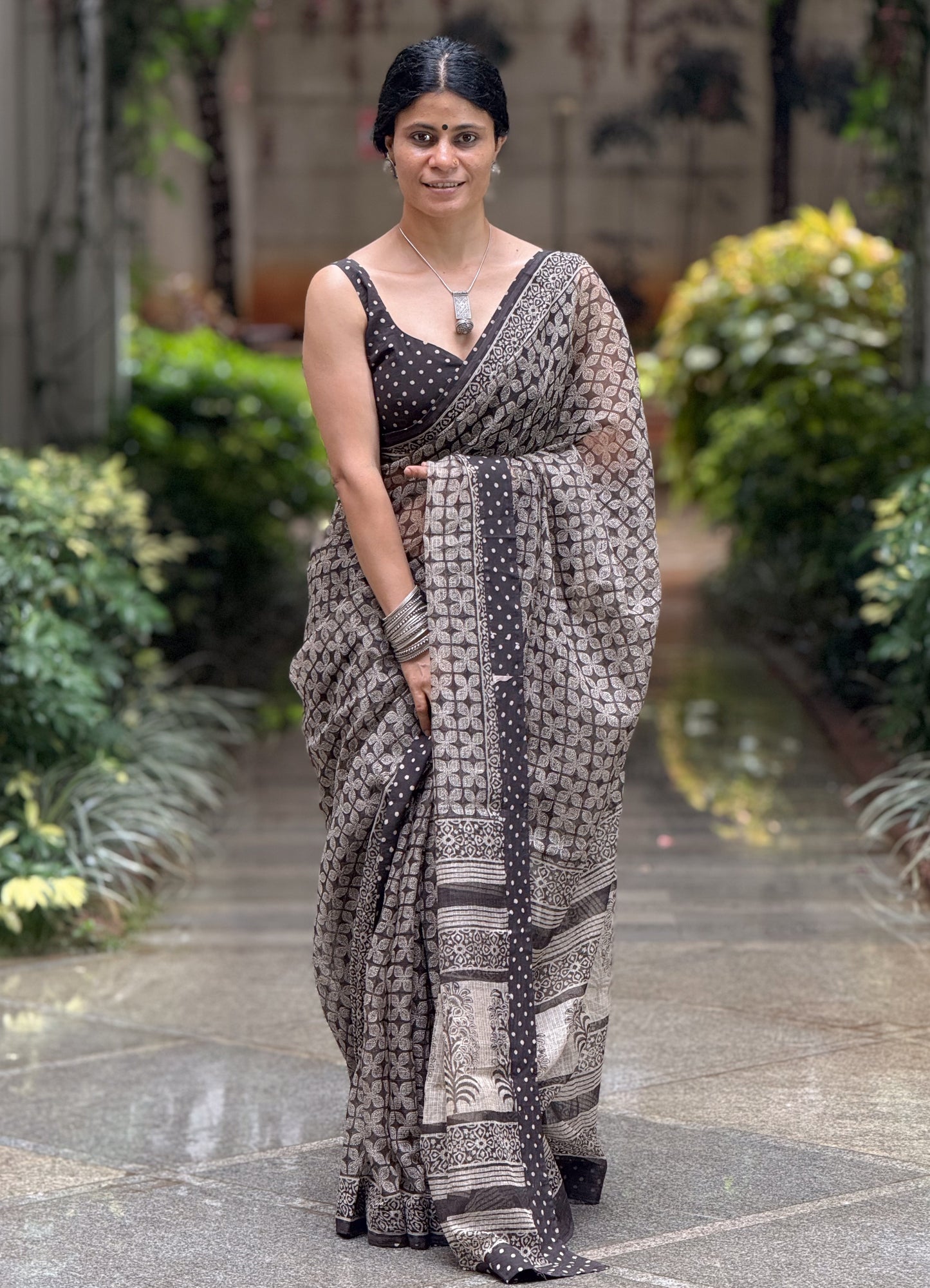 Handmade Natural Dyed Handblock Bagru / Dabu Printed Kota Doria Saree With Dabu Patch Border.