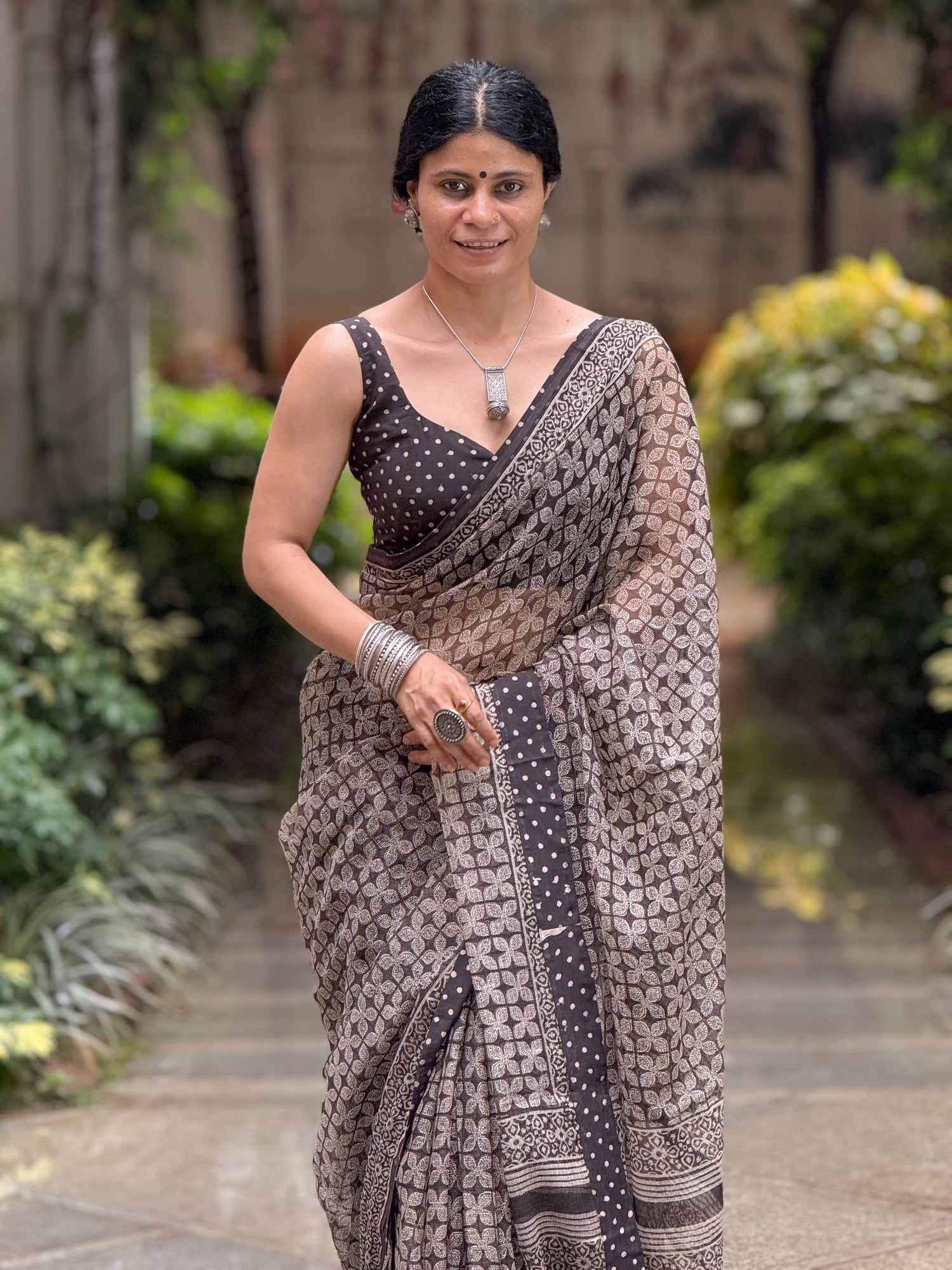 Handmade Natural Dyed Handblock Bagru / Dabu Printed Kota Doria Saree With Dabu Patch Border.